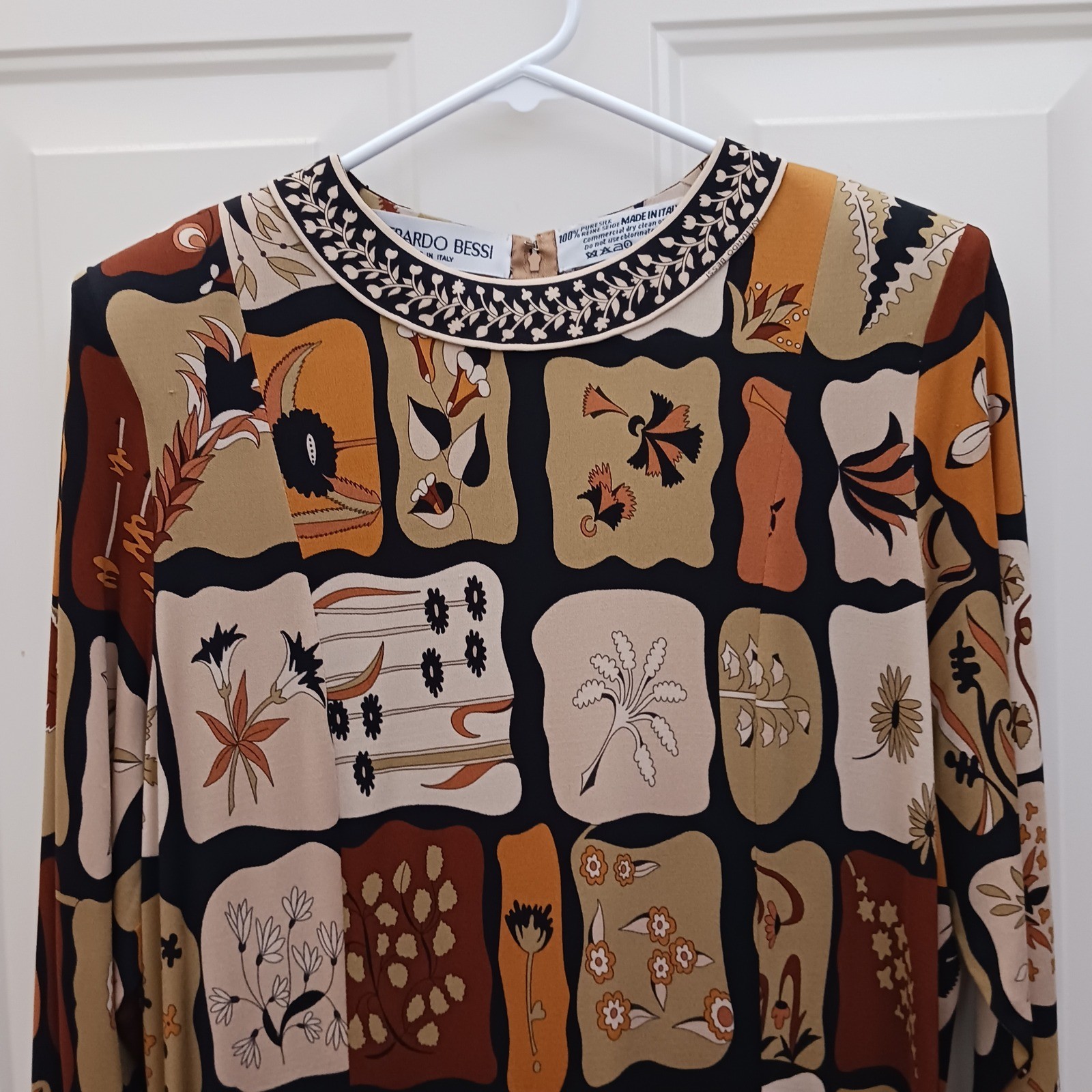 Averardo Bessi Vintage 100% Silk Jersey Midi Dress Italy Floral Geometric Sz 14