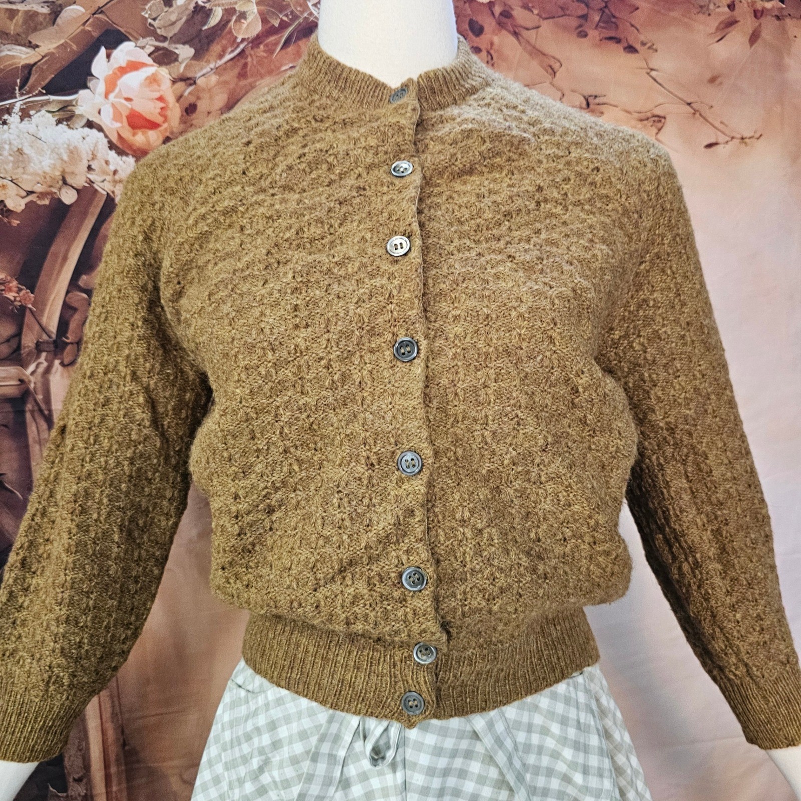 Vintage 1960’s Cardigan Sweater Bronze Brown Textured Knit Earth Tone Buttons