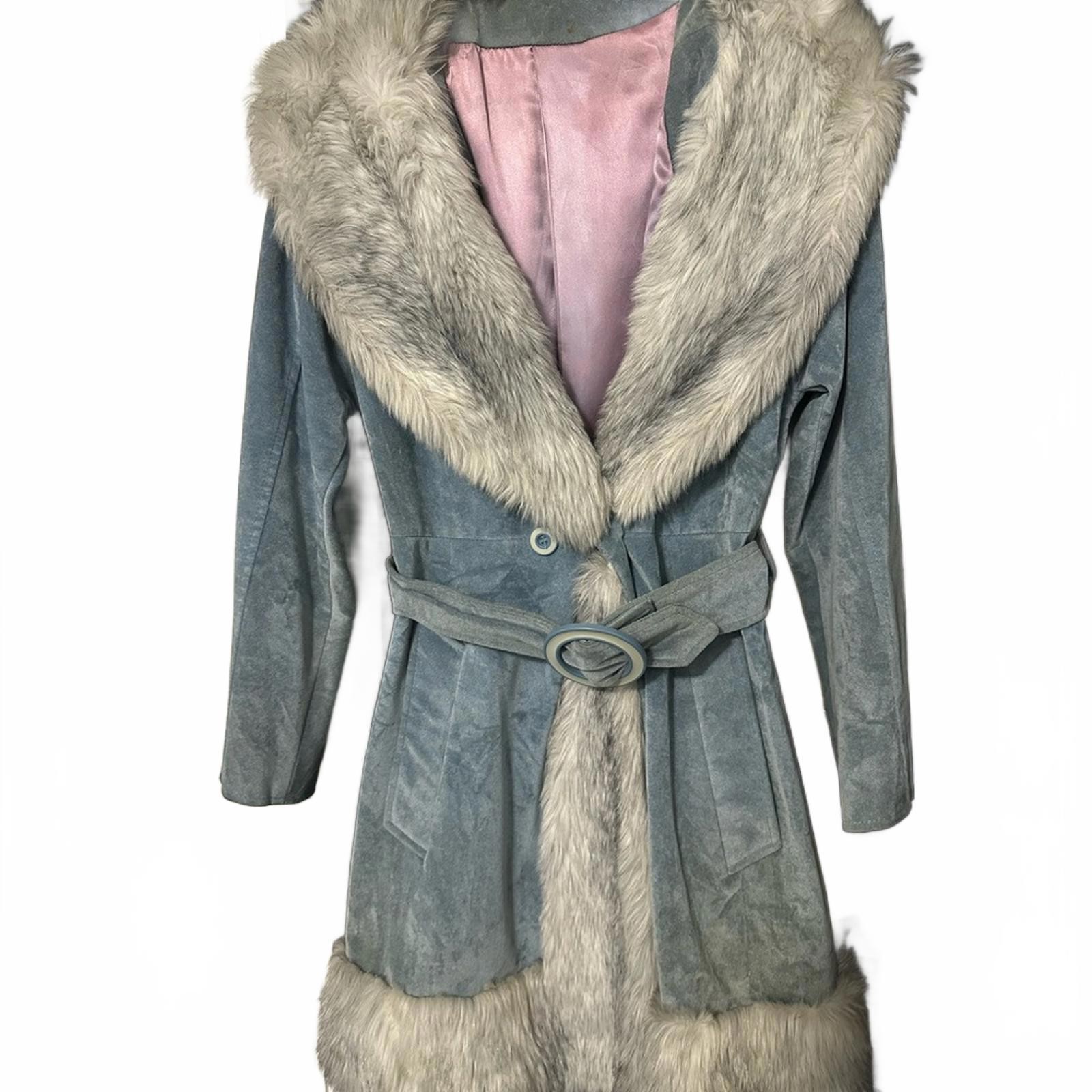 Julie de Roma | Vintage Belted Suede Coat with Faux Fur Trim | Size S