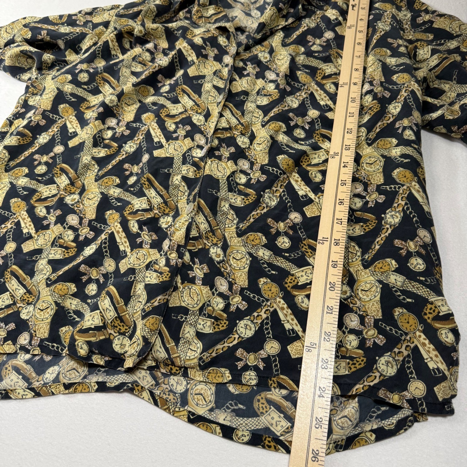Natalie & Me Vintage 100% Silk Watch leopard Print Button Shirt Large Black 90s