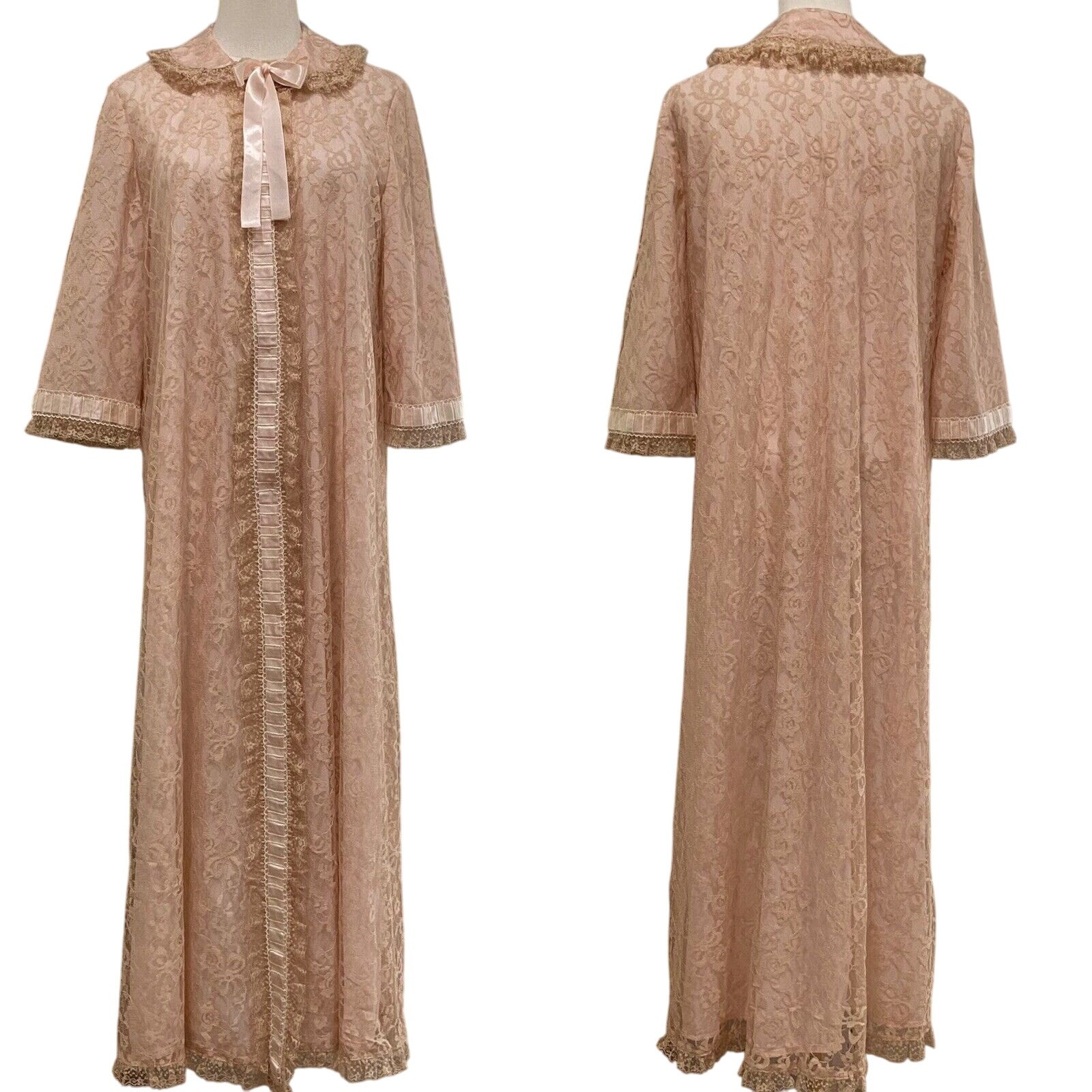 Vintage 60s Odette Barsa Coquette Lace & Pink Nylon Dressing Maxi Robe Size M