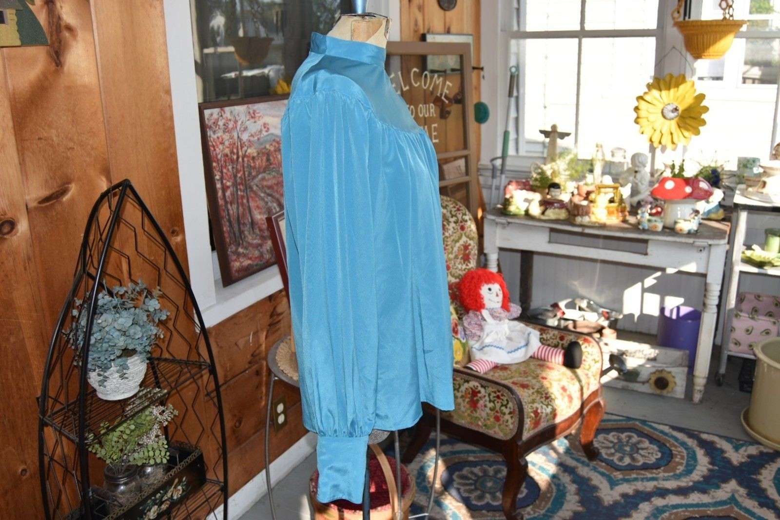 Vintage 1960s Doris Dodson Sportswear Off Center Buttons LS Blouse Aqua Size XL
