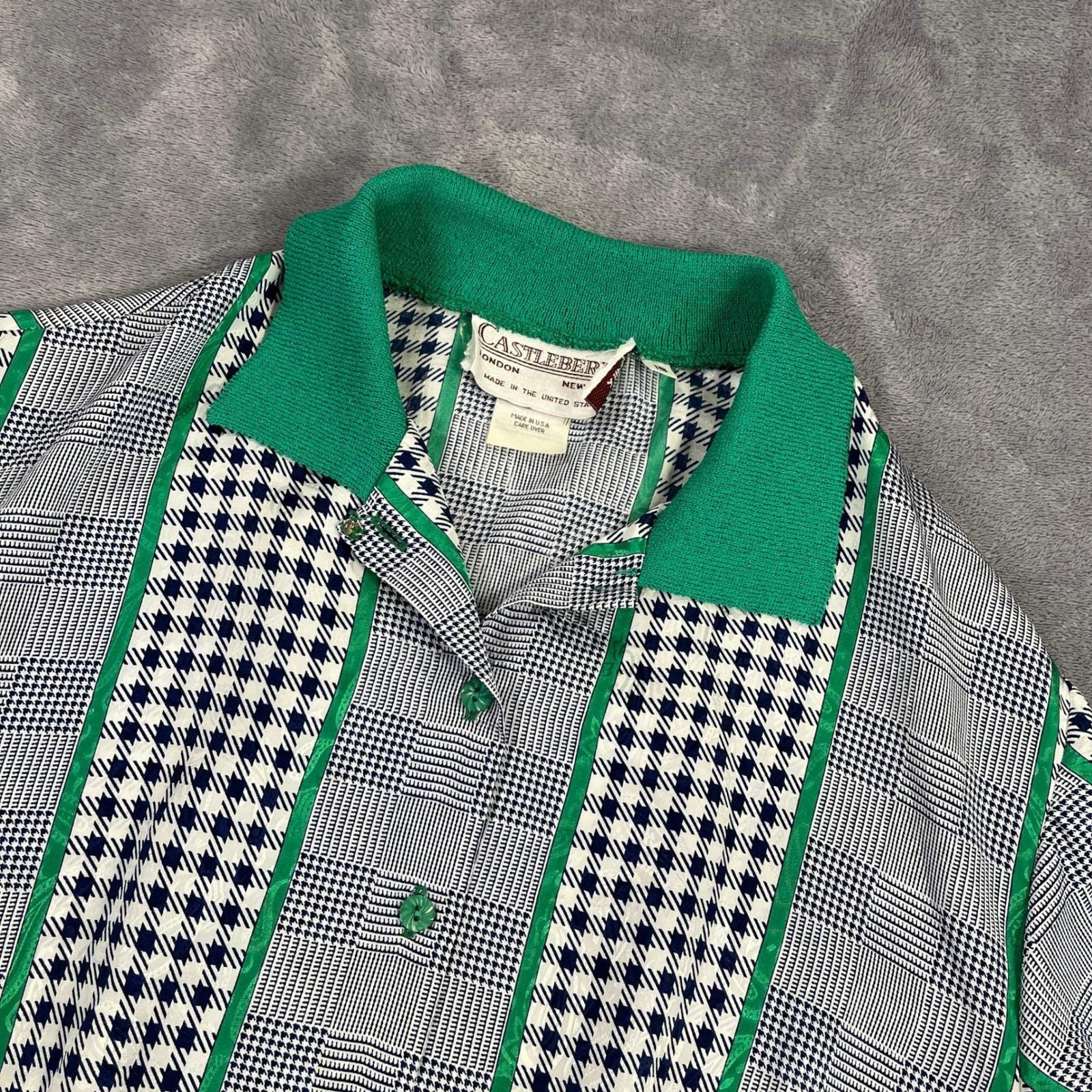 Vintage 80s Castleberry Statement Blouse EUR 16 – L US Green Houndstooth Plaid