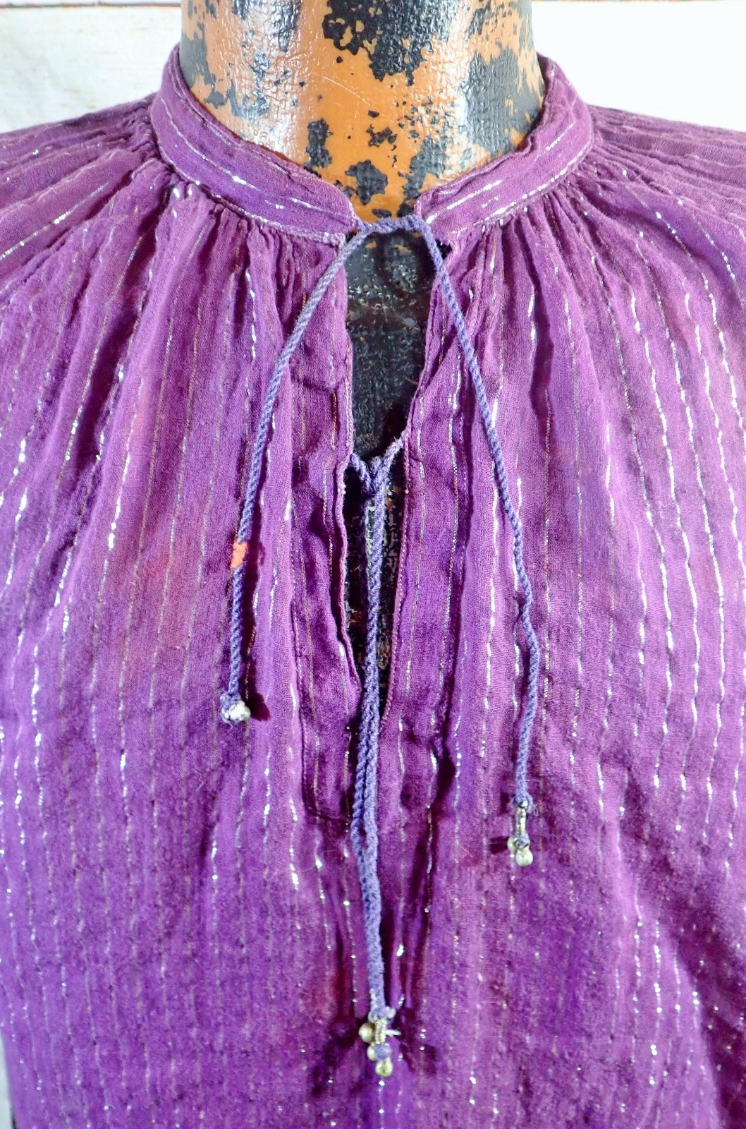 Vtg 70s Indian Cotton Gauze Blouse Purple Silver Metallic Lurex Boho Peasant Top