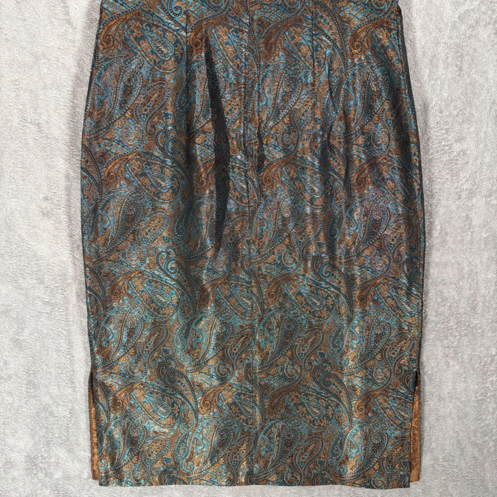 Althuser Vintage 100% Silk Paisley Brocade V-Neck Sheath Dress Teal Copper 4