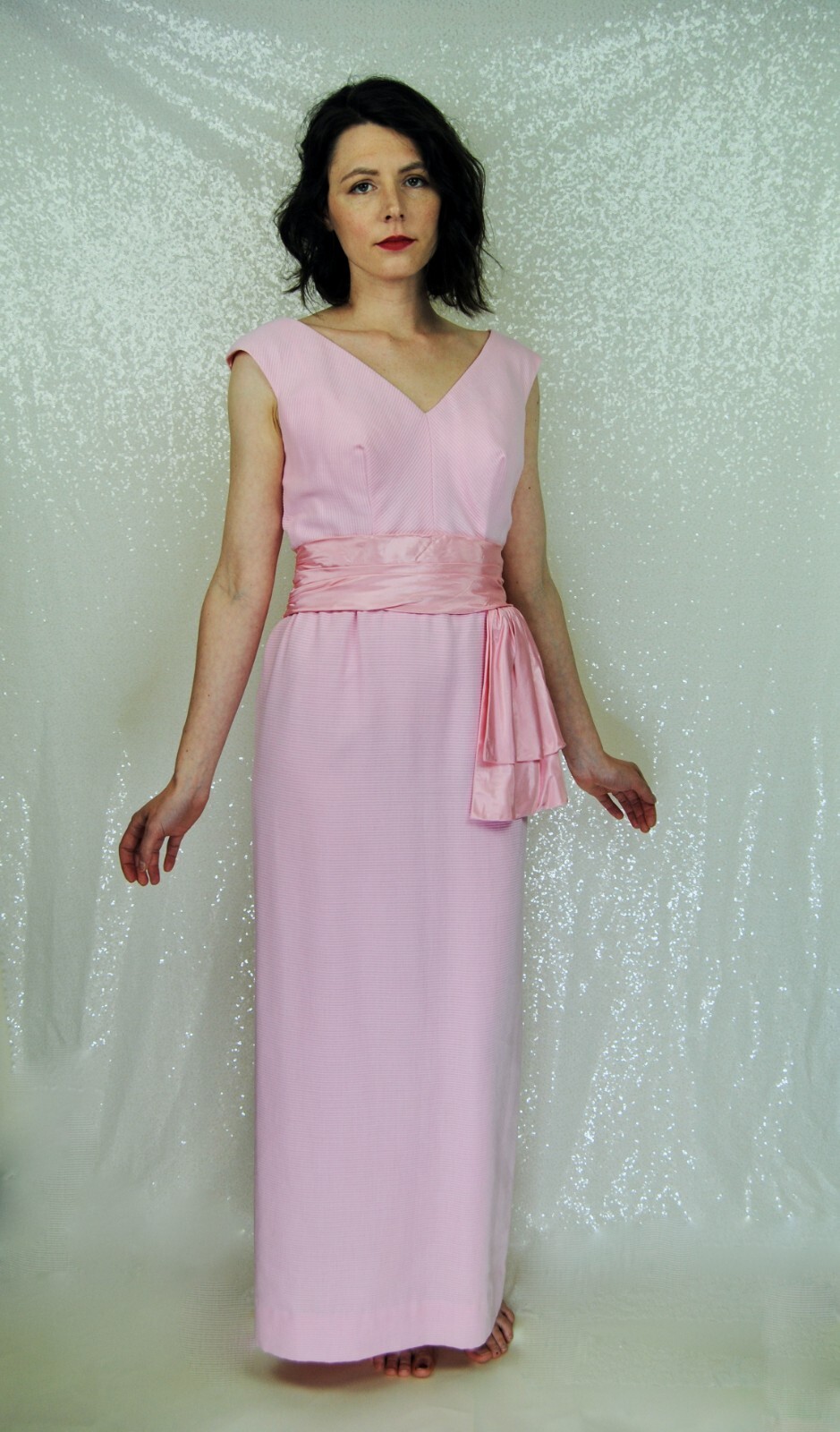 1960s Vintage Jay Herbert of California Pink Formal Gown with Satin Sash – Sm