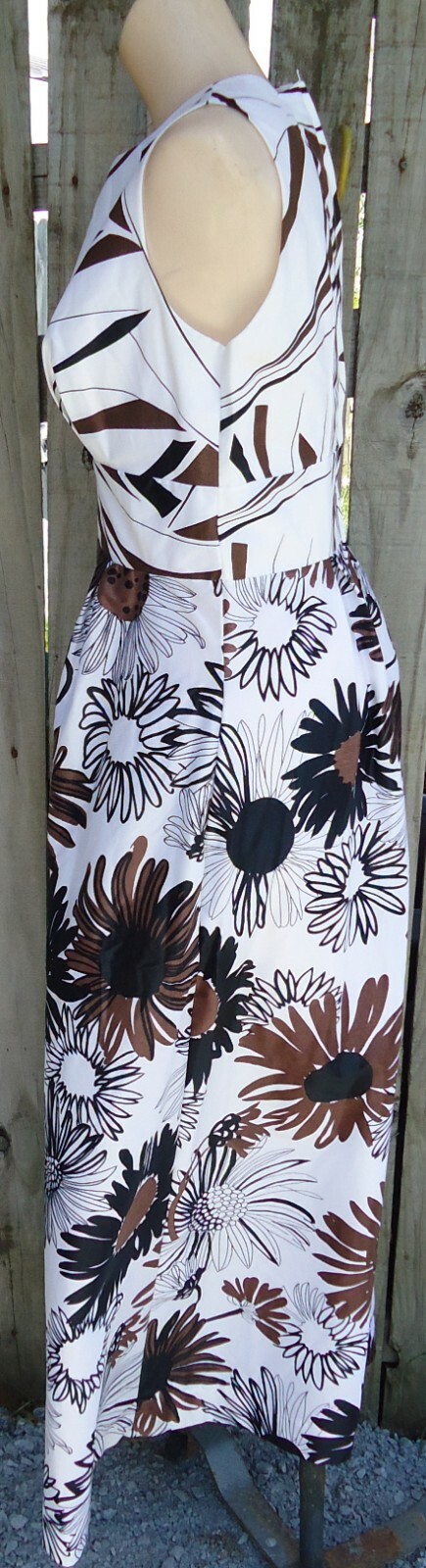 NOS Vtg 70s MidCentury Sleeveless White Brown Black Floral Maxi Dress sz 14