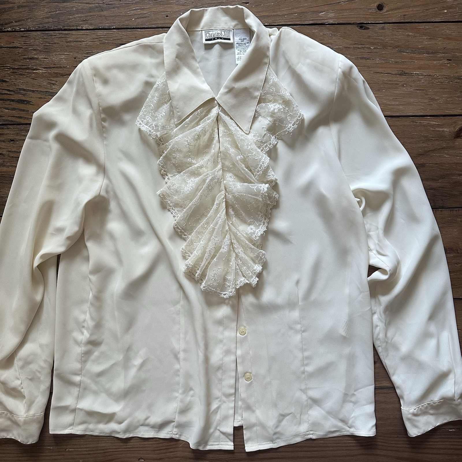 Vtg 80s Christie & Jill Blouse 14T White Lace Jabot Ruffle Secretary Romantic