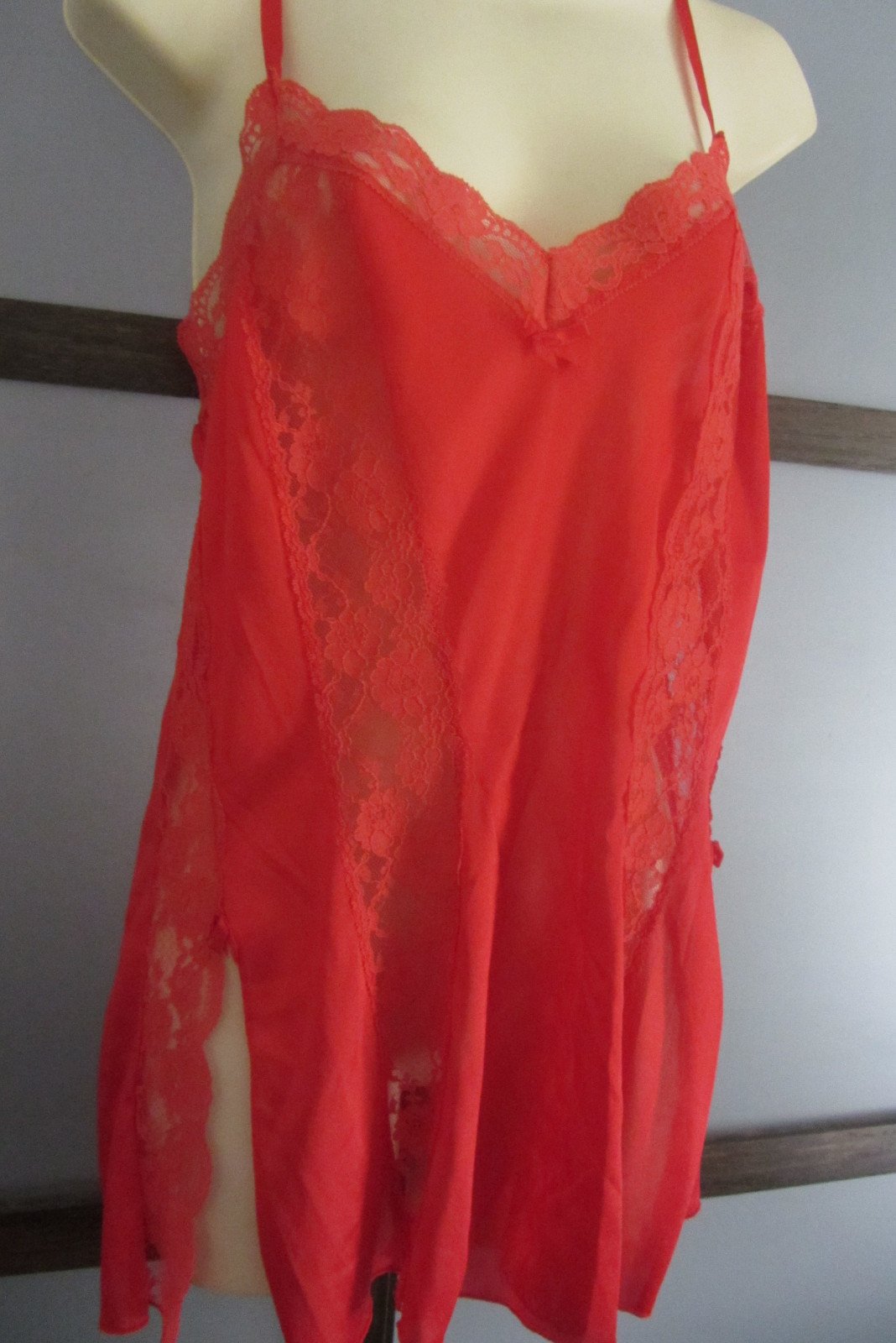 Vintage Lingerie by Undercover Wear Lace Inserts Nylon RED Sexy Side Slits