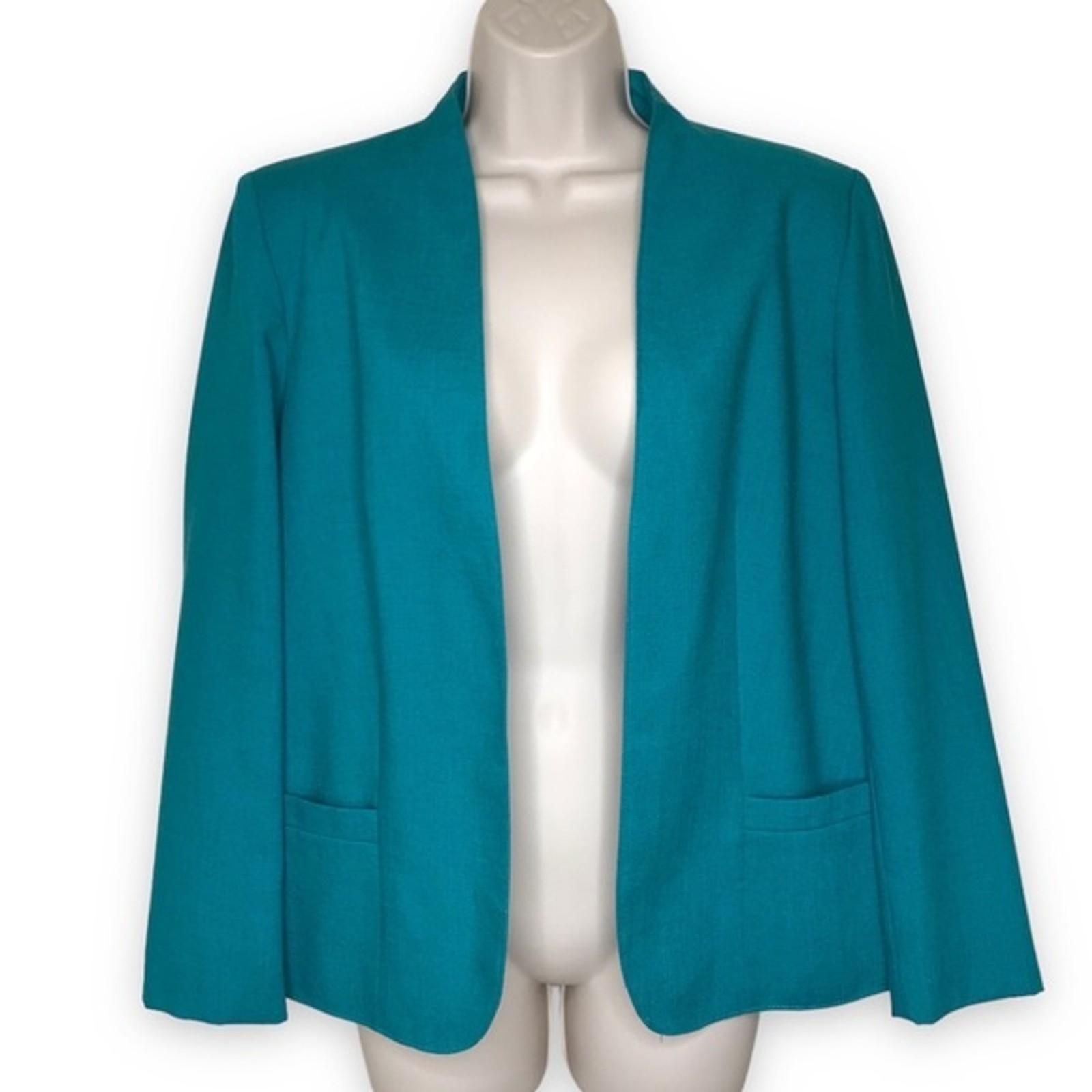 Vintage Tan Jay Div of Nygard Linen Blend Teal Open Front Blazer Jacket Women 12