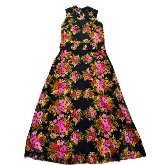VTG 70s Black Neon Floral Pleated Ruffle Maxi Dress XS Retro Mod Handmade