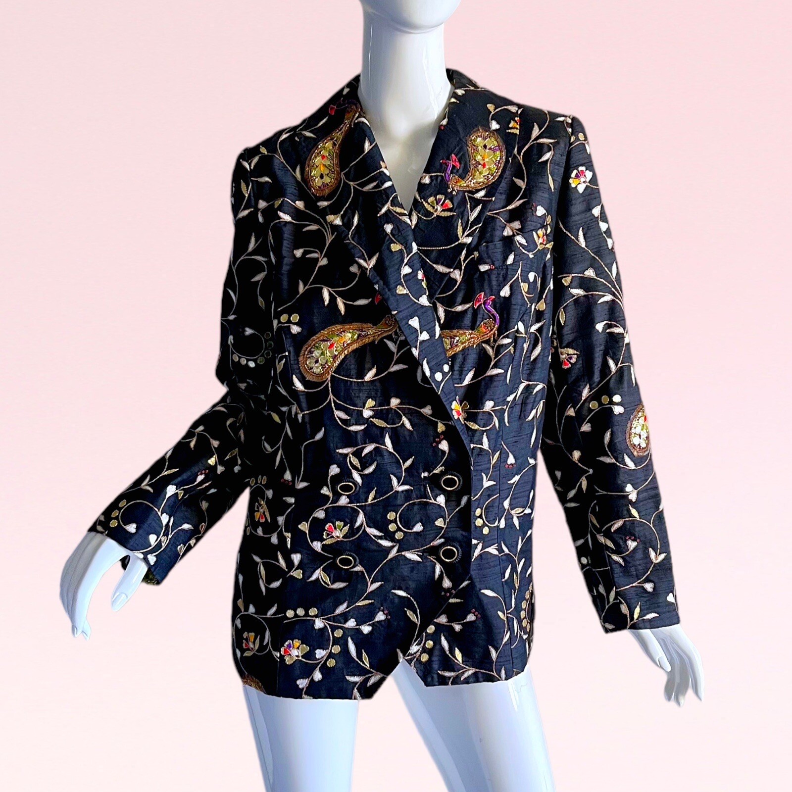 1980s Vtg Indian Sequin Silk Metallic Peacock Zardozi Evening Tuxedo Jacket L