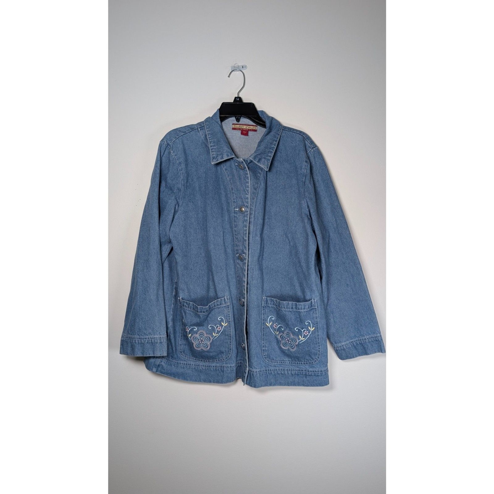 Vintage Embroidered Denim Chore Jacket Floral Cotton Cottagecore L Feminine Fall