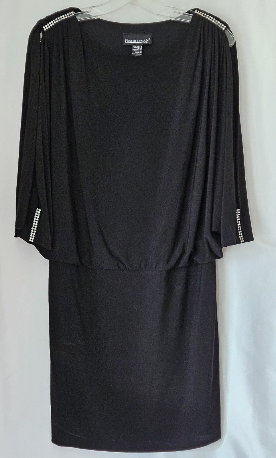 VTG Frank Lyman Designer Black Dress SZ 8 Rhinestones Cuff Shoulders 1970’s