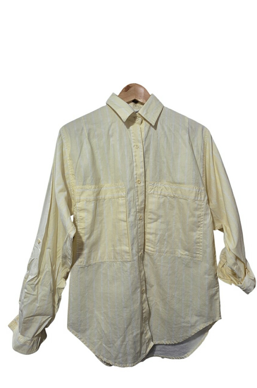 VTG 80s Ilio Striped Yellow White Button Up Shirt Roll Tab Sleeve Size S