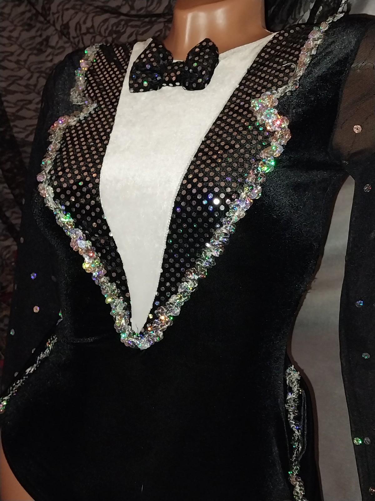 VTG 80S SILKY LEOTARD TUX BOW TIE PENGUIN TAIL BODYSUIT COSTUME DANCE PARTY S