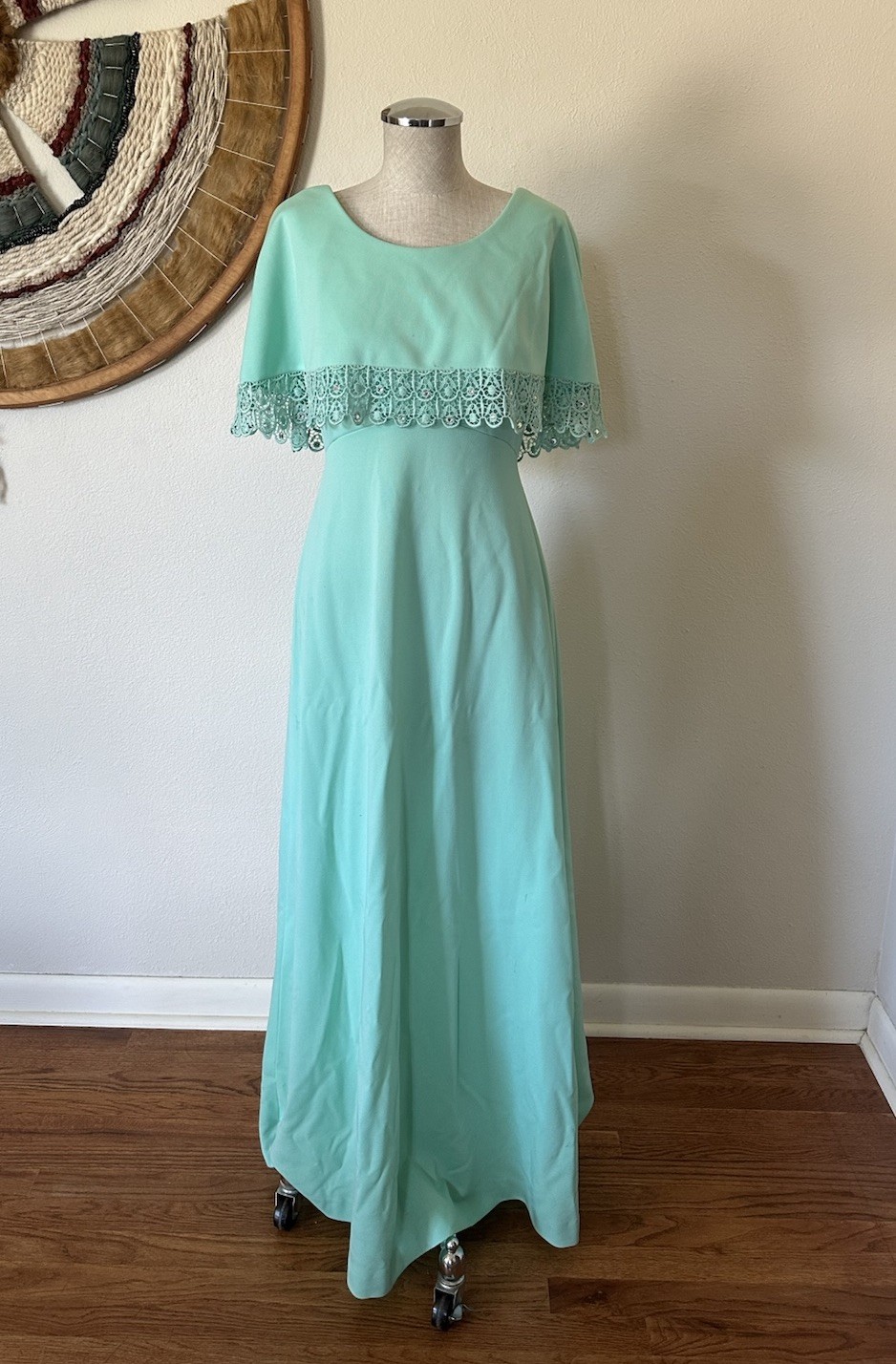 Vintage 70s Miss Rubette Formal Mint Green Max Dress Lace Woman’s S/M