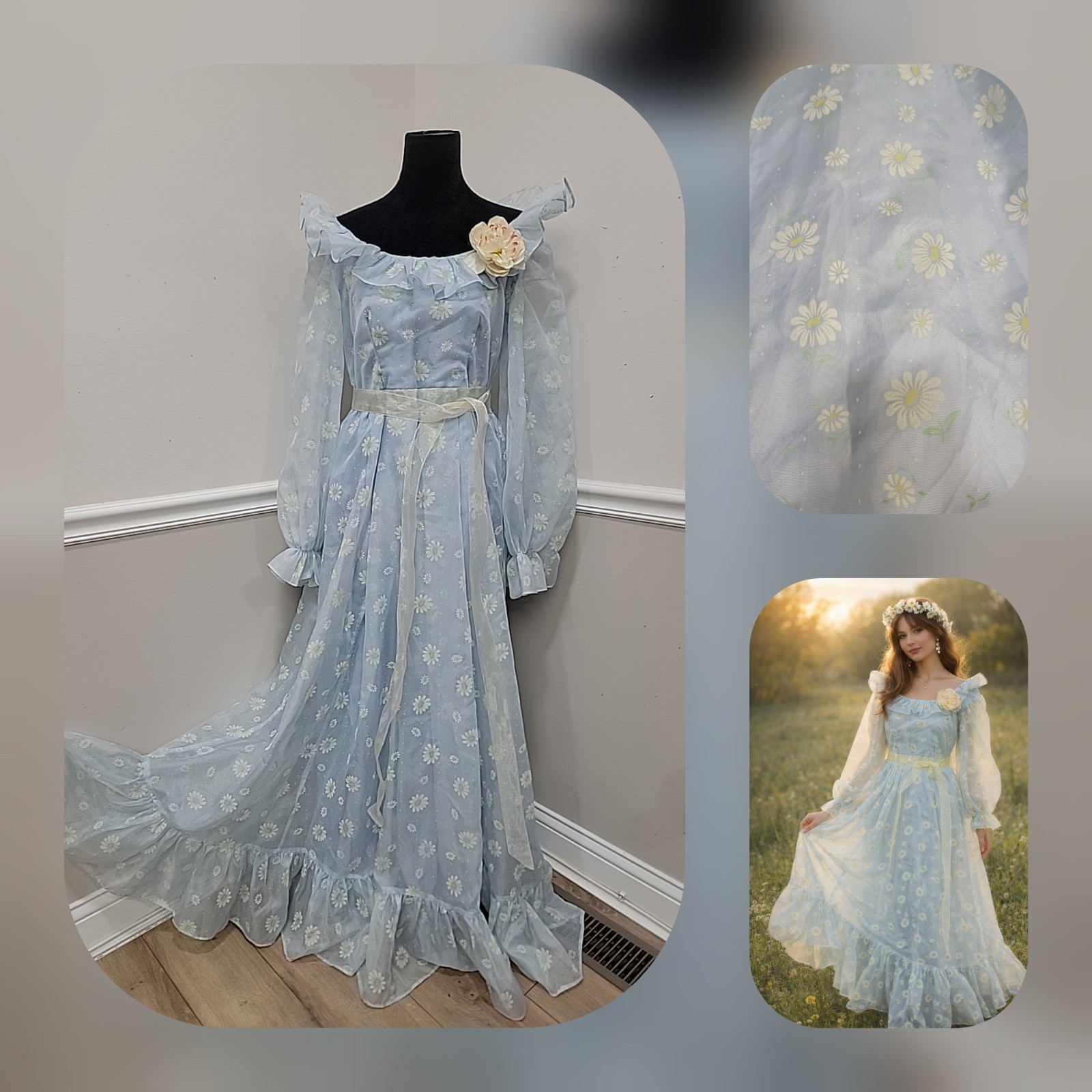 VTG’70s Hostess Blue Organza Maxi Dress Flocked Daisy Floral Prairie Cottagecore