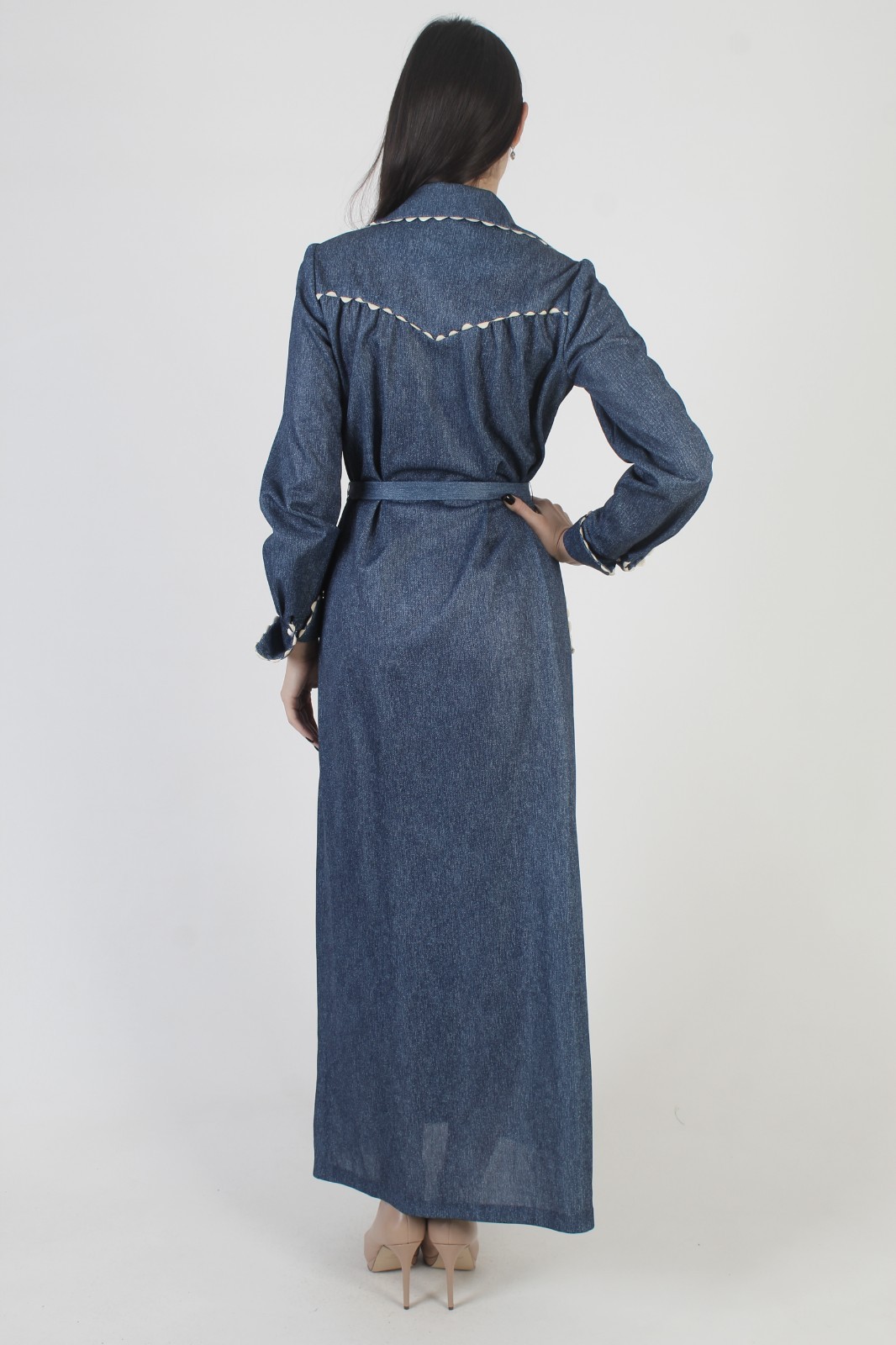 Vtg 70s Chambray Frog Prairie Dress Americana Bandana Belted Ric Rac Trim Maxi
