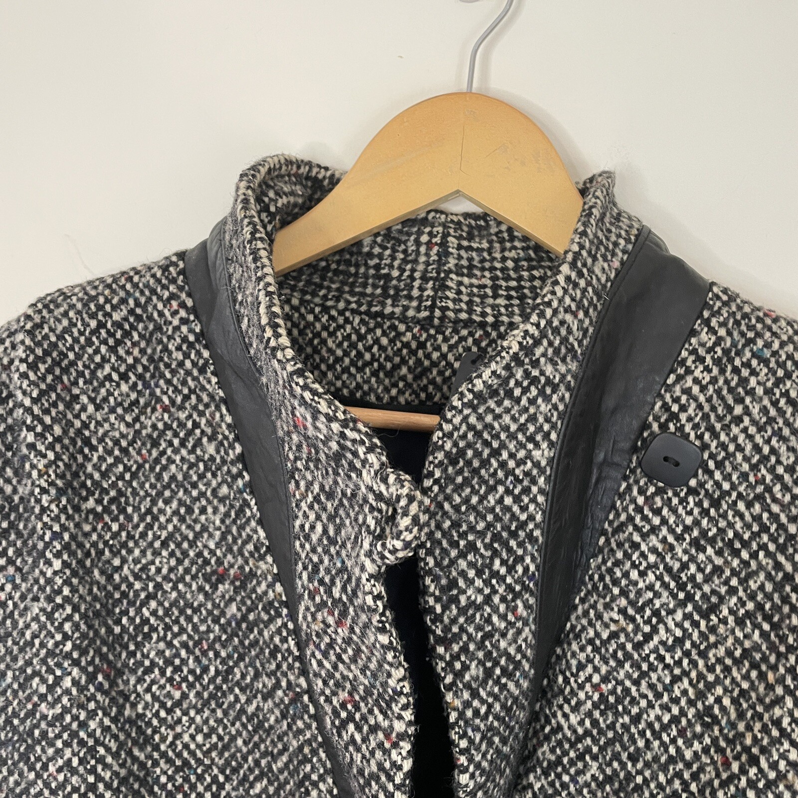 Vtg 80s DONNYBROOK Black White Tweed Long Coat w/Leather Accents Women Sz 12
