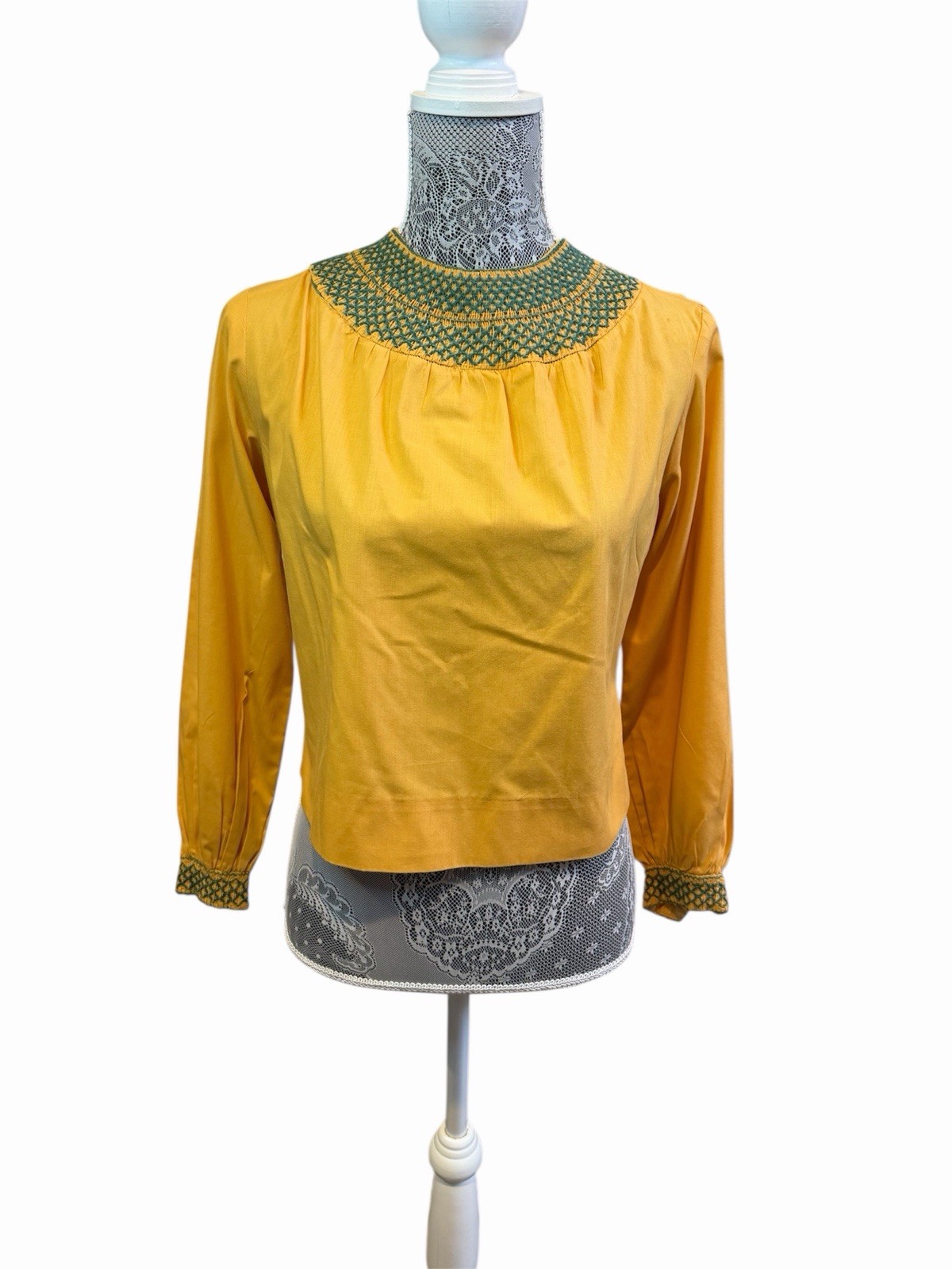 Vintage Avalo Small Mustard Yellow Smocked Crochet Boho Blouse Cottage Core Top