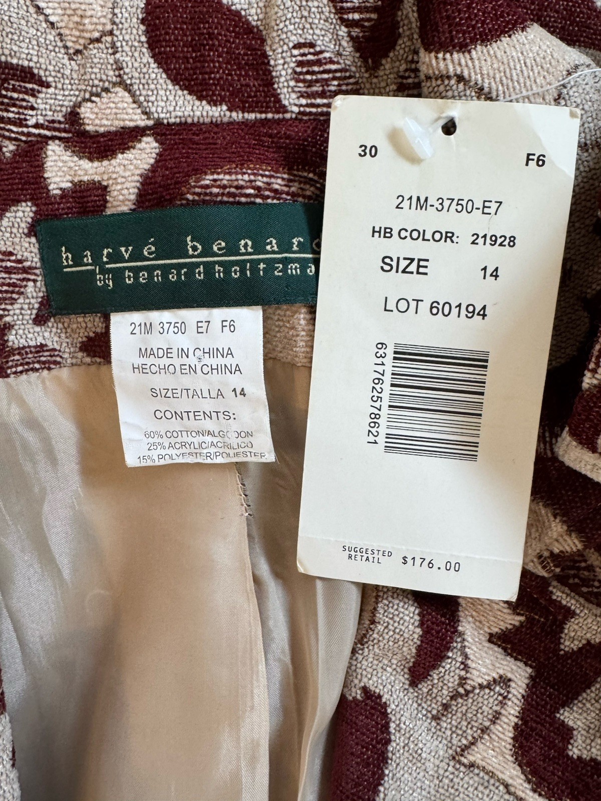 VTG Harve Benard Tapestry Floral Blazer Burgundy NWT Deadstock $176 Size 14 New