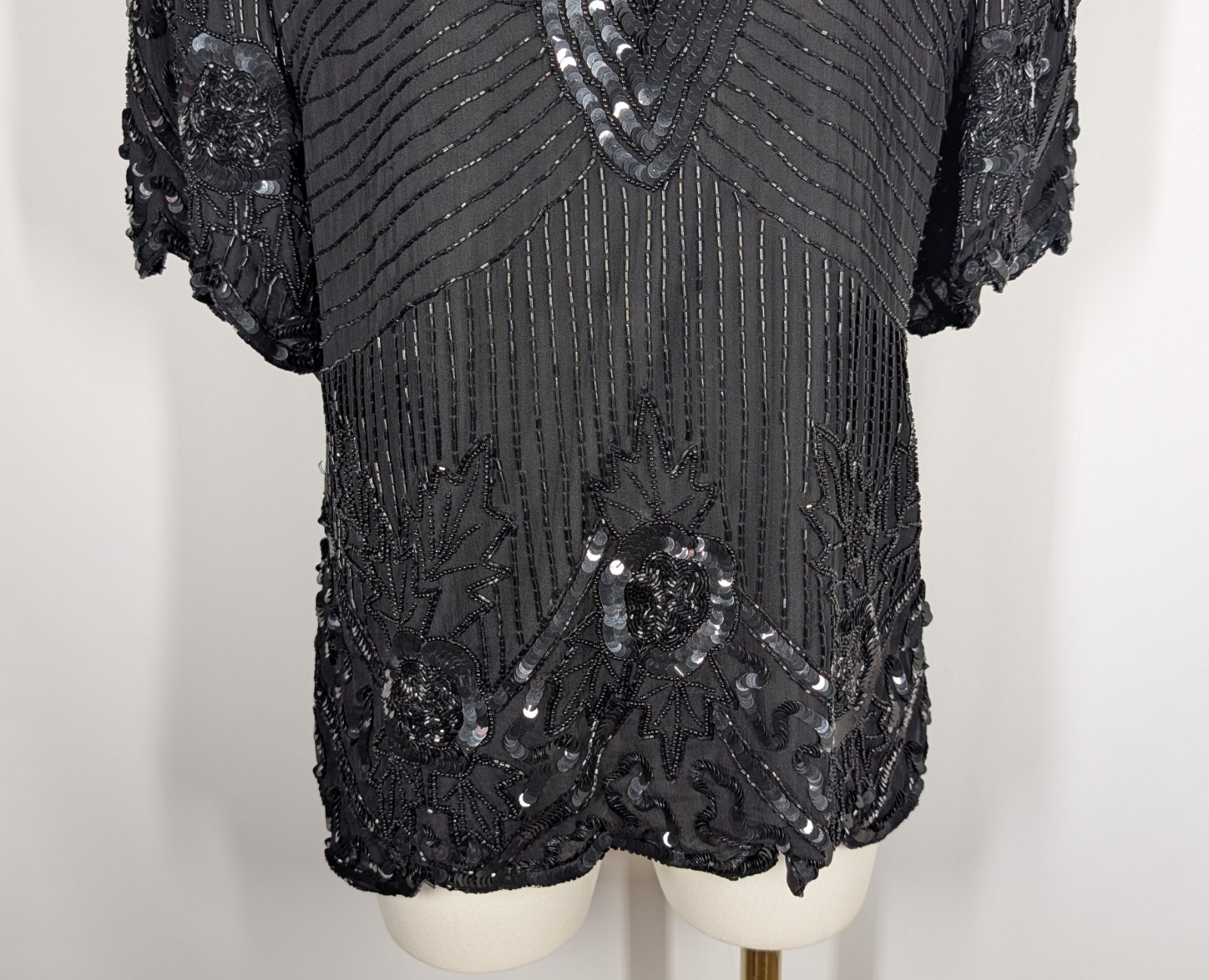Vintage Carina Women’s Lot Of 2 Silk Beaded Two Piece Outfit Top Skirt Black