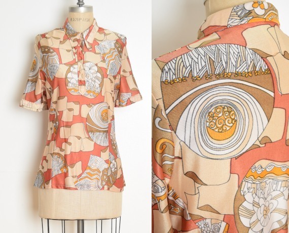 vintage 70s disco shirt art nouveau print blouse top pointy dagger collar M