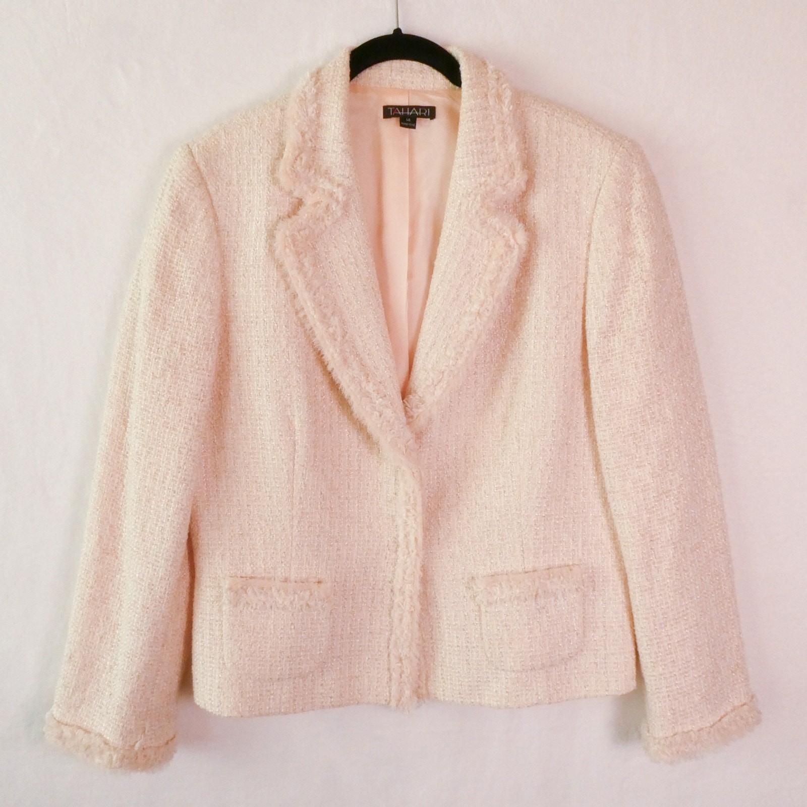 Vintage 80s Tahari Baby Pink Tweed Jacket Size 14 XL Preppy Old Money Silk Wool