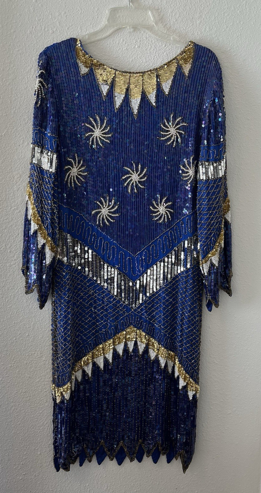 Vintage 80’s Chanson D’Amour Womens Flapper Dress 100% Silk Sequin Beaded Blue