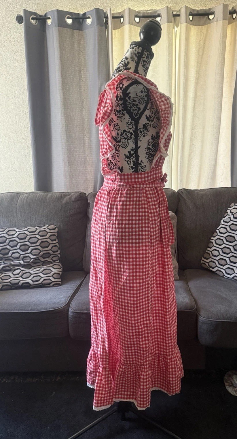 Vintage 70s Red White Checkered Apron Bib Dress