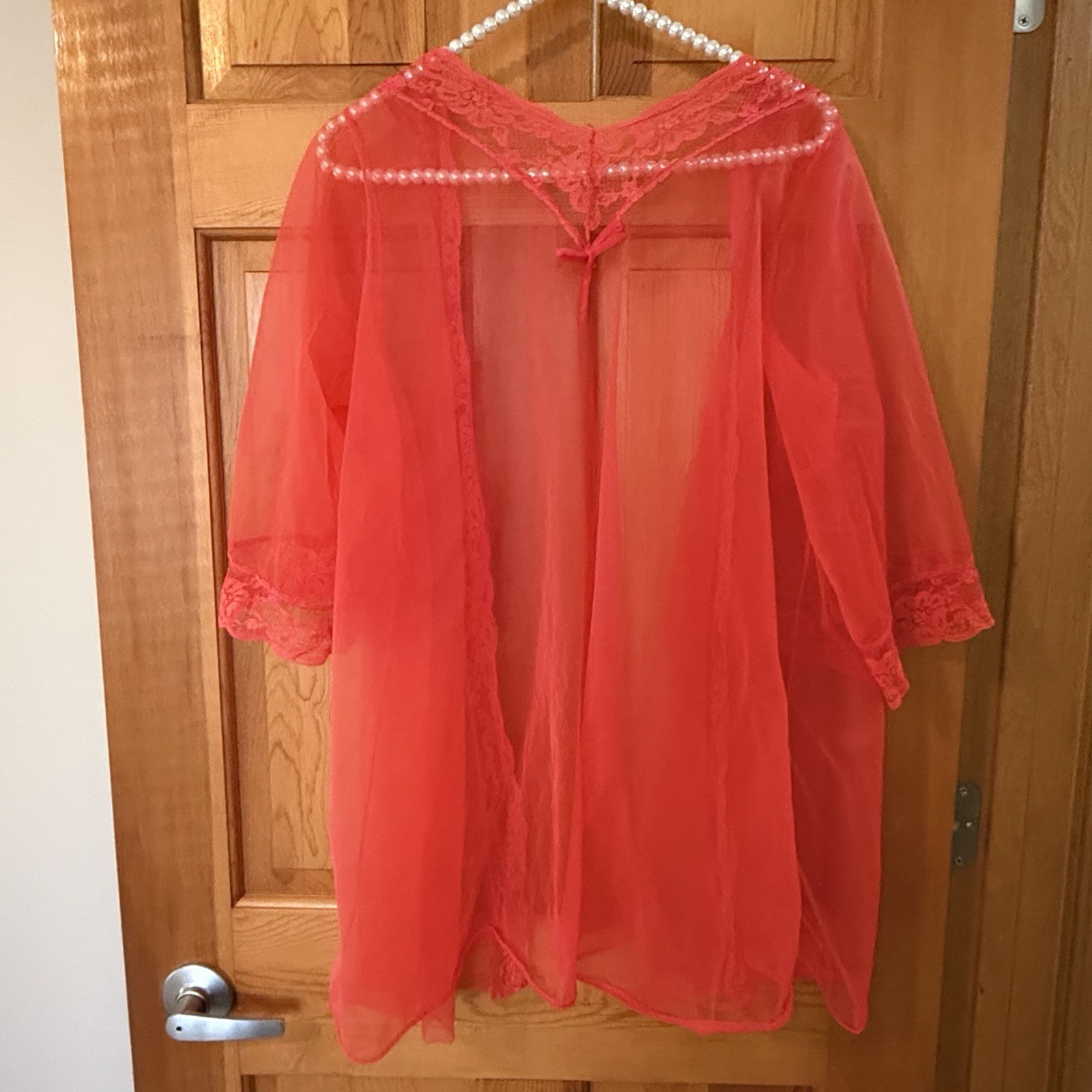 Pandora By Chic Red Sheer Peignoir Robe Lace Sz M Kimono Pin Up Vintage