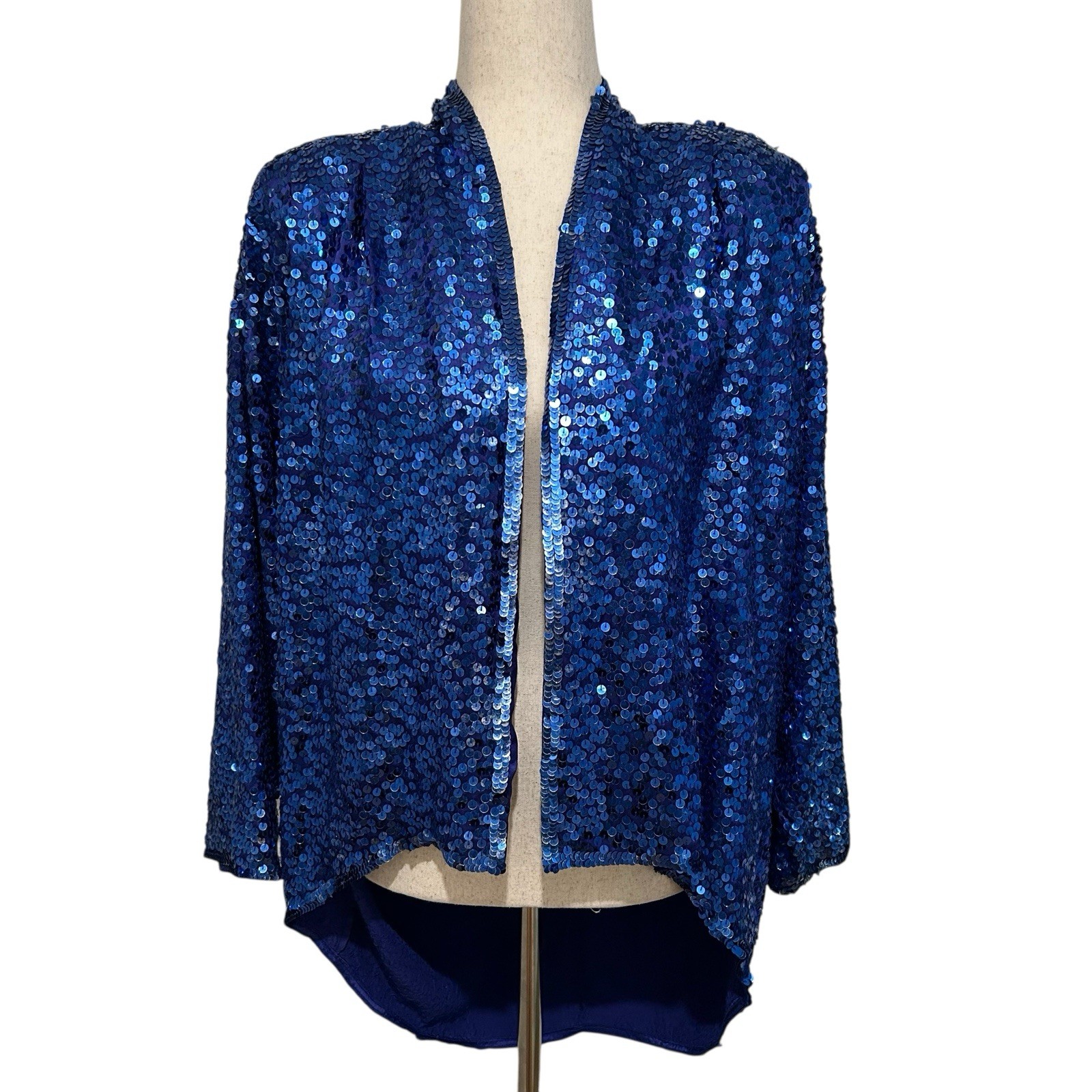 VTG 80’s Cathy Hardwick Blue Silk Sequined Open Jacket w/ Dolman Sleeves – Small