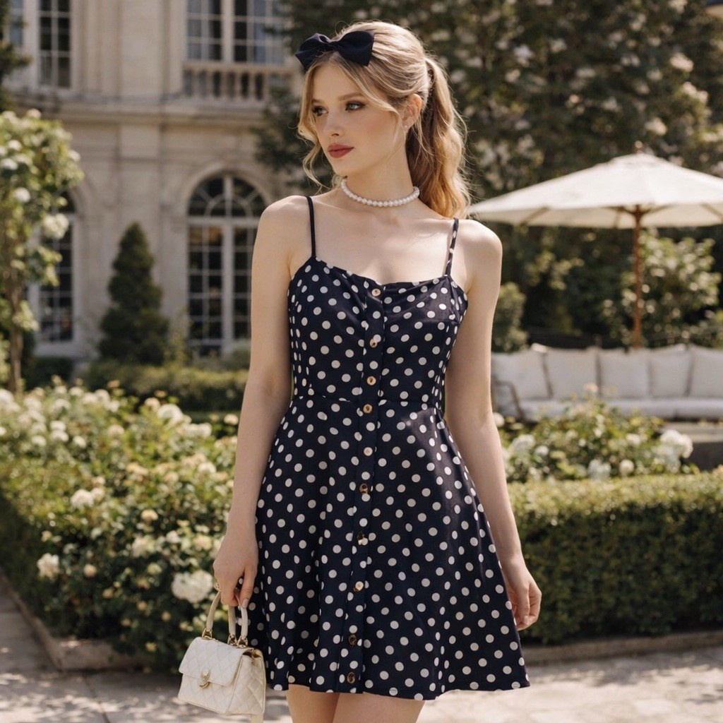 Black & White Polka Dot Sundress Size L Preppy Old Money Coquette 90s Grunge