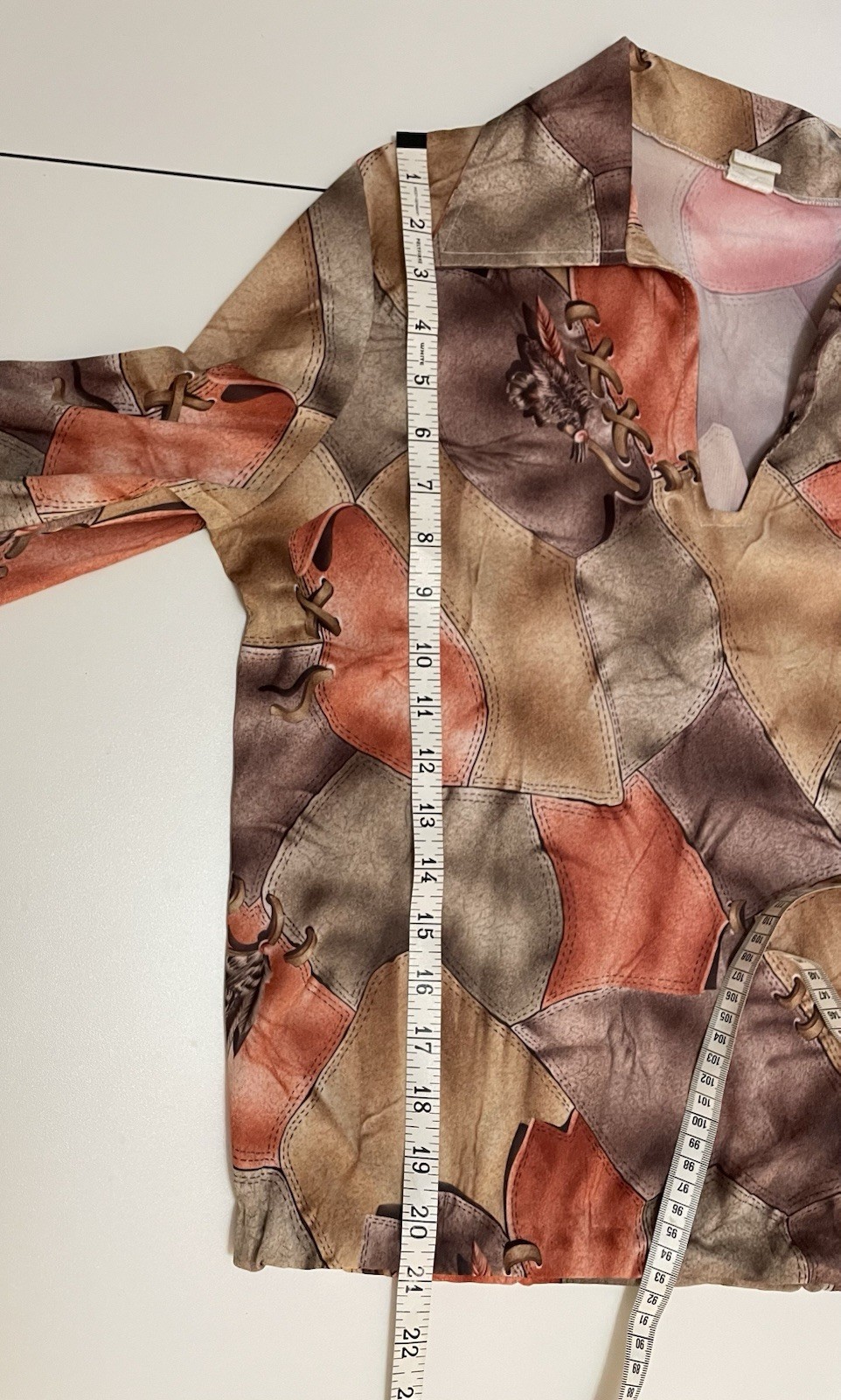 Vintage 1970s Whipstitch Leather Patchwork Feather Print Hippie Blouse Top Shirt