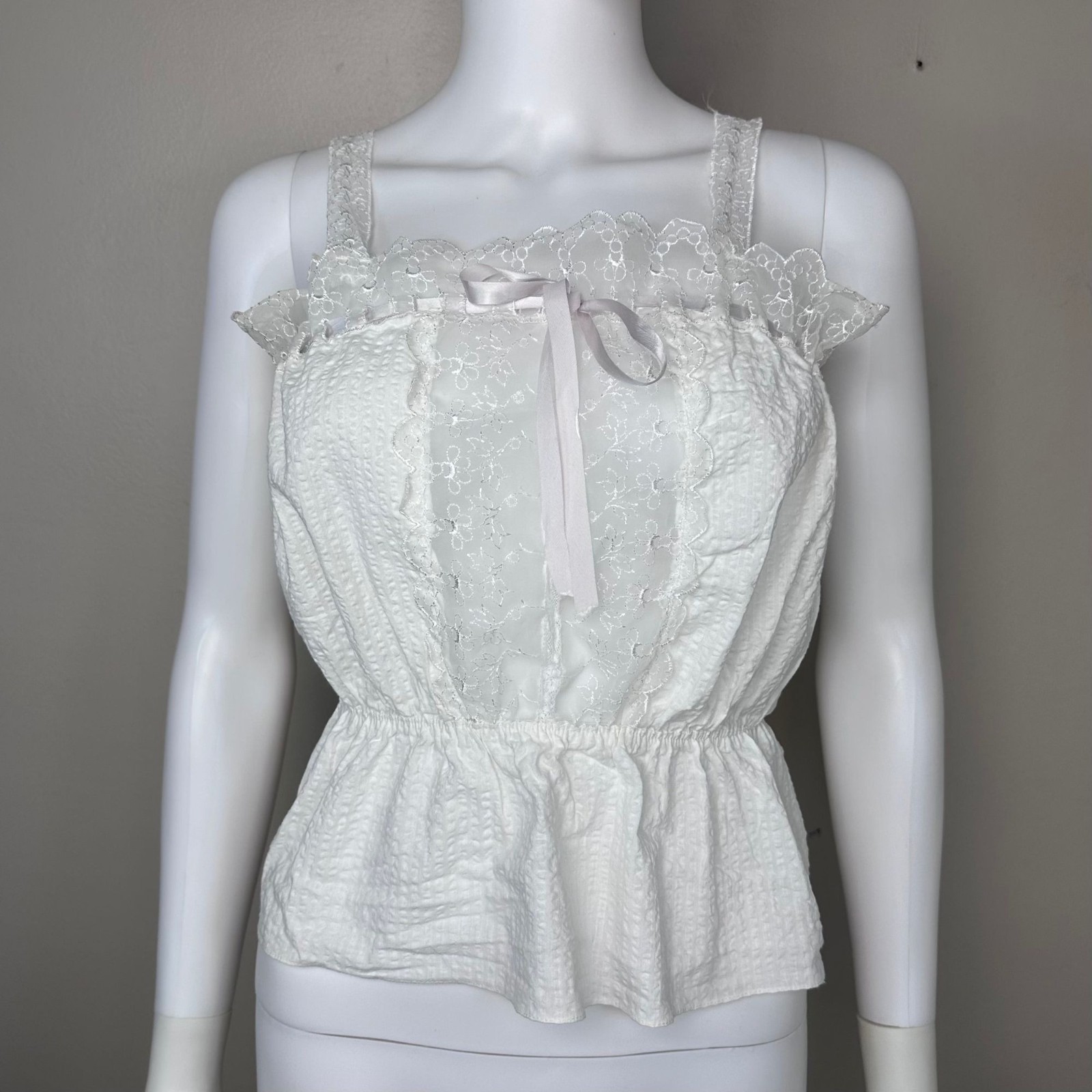 Vtg 1950s White Seersucker Lingerie Tank Top Peplum Blouse Lace 50s Loomcraft