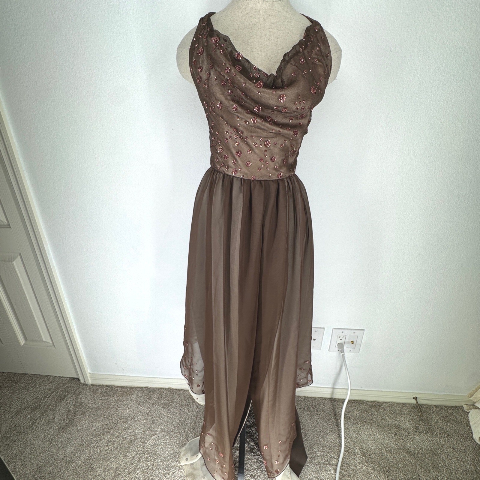 Vintage Handmade Brown Chiffon Glitter Polka Dot Evening Gown Dress Asymmetrical