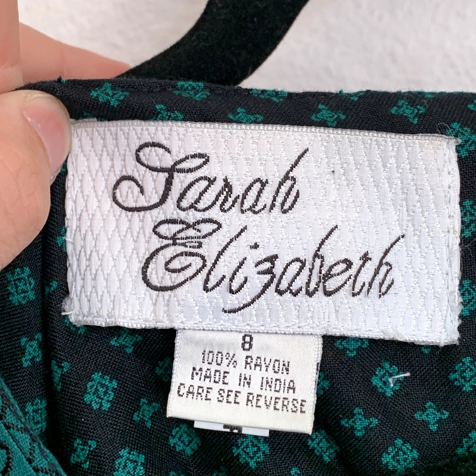Sarah Elizabeth Vintage Green Black Diamond Print Rayon Cottagecore Dress Size 8