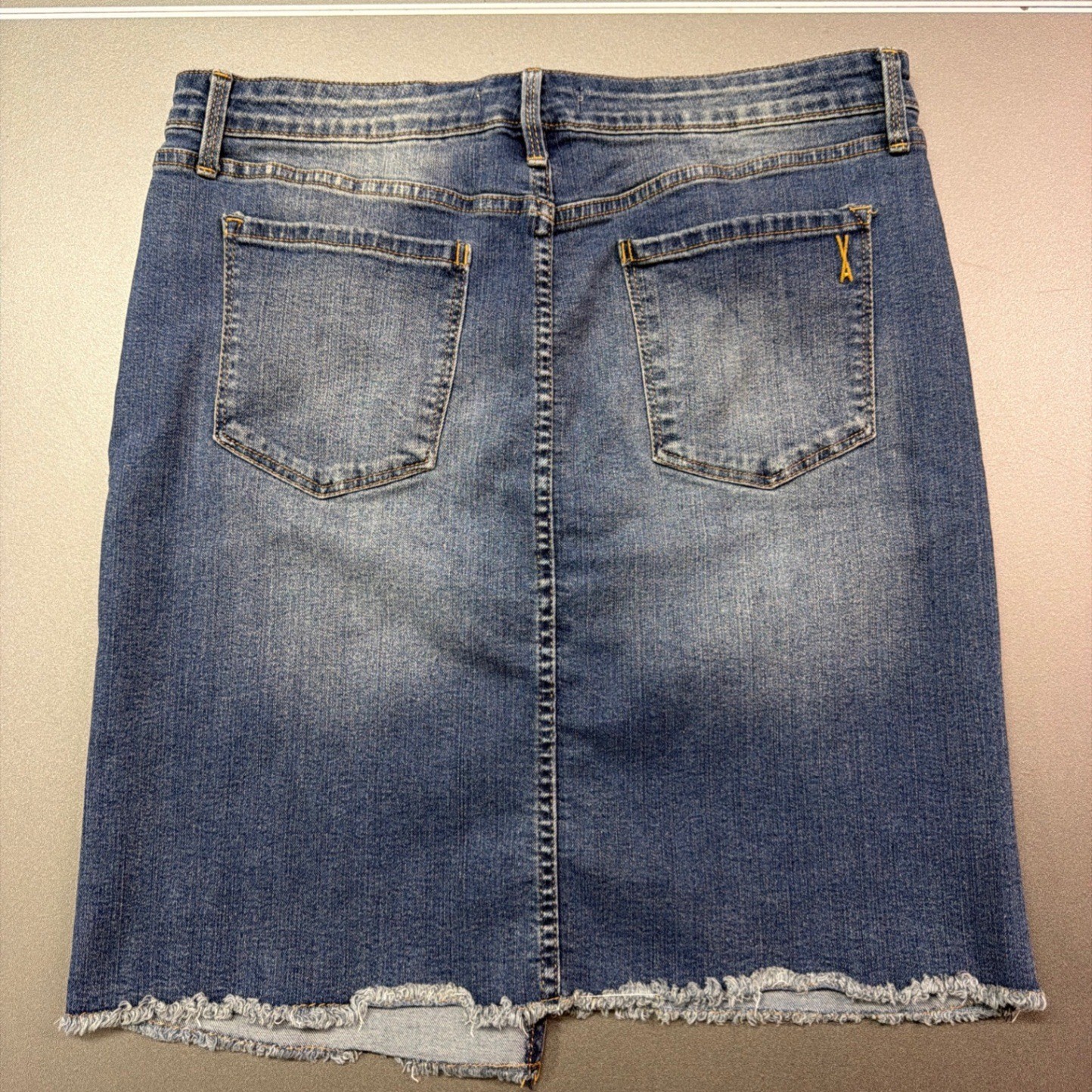 Vintage America Blues Wonderland Midi Denim Skirt Size 10 Blue Stretch FrayedHem