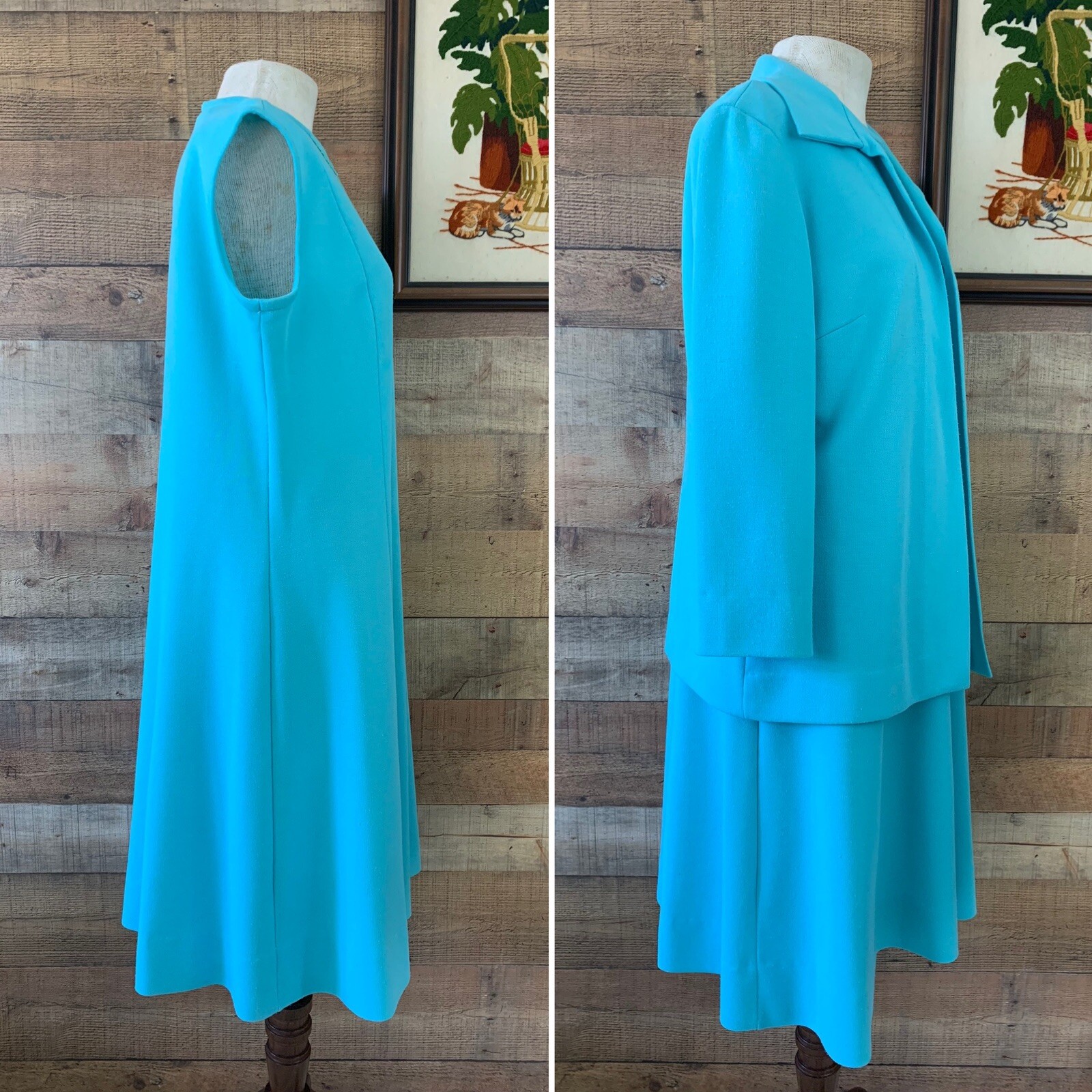 Vintage 1970s Bleeker Street Turquoise Knit Matching Dress Jacket Set Sz Large