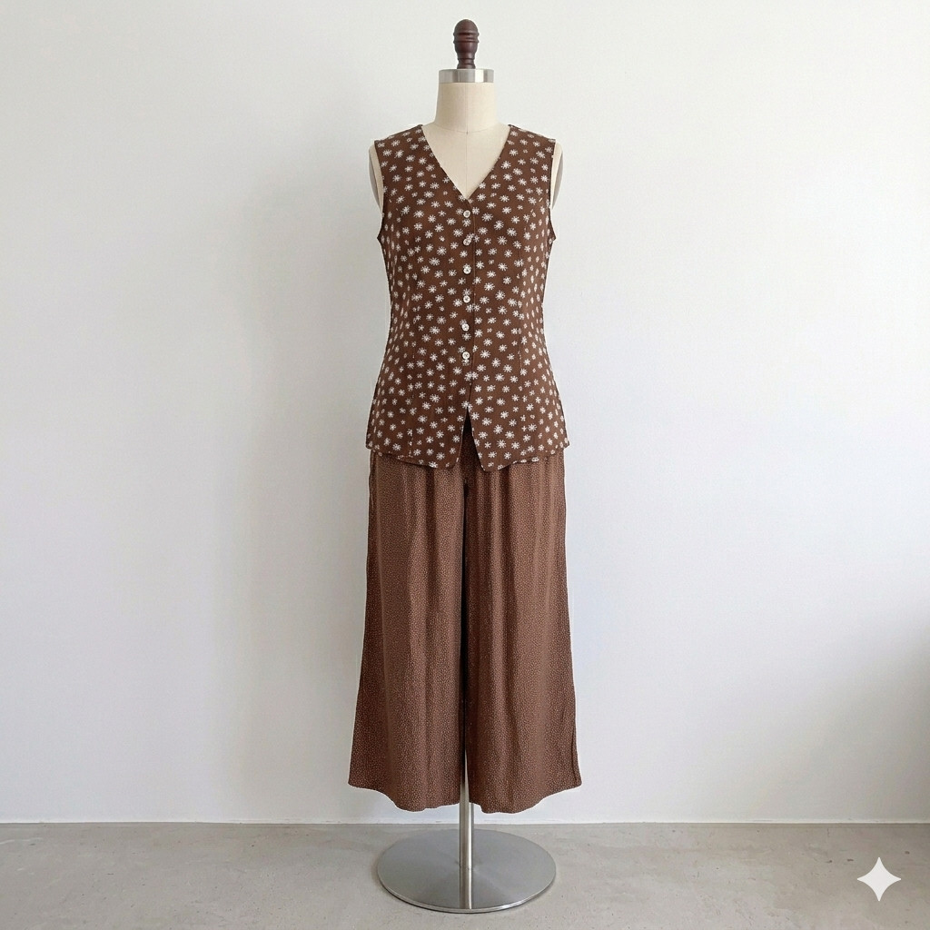 Vtg 90s Laundry Shelli Segal Brown Vest Pant Set Polka Dot Floral Teacher