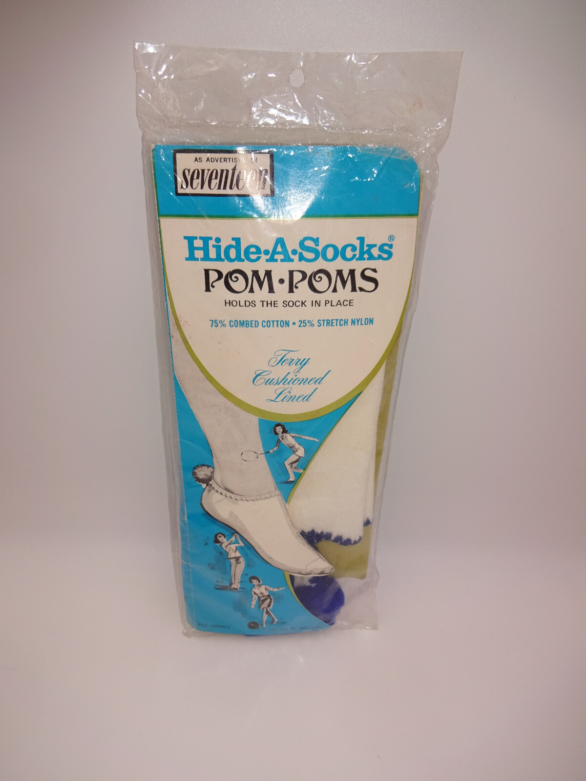 NOS New Vintage 1960s/1970s White Hide A Socks Blue Pom Poms 8.5-11 Stretch