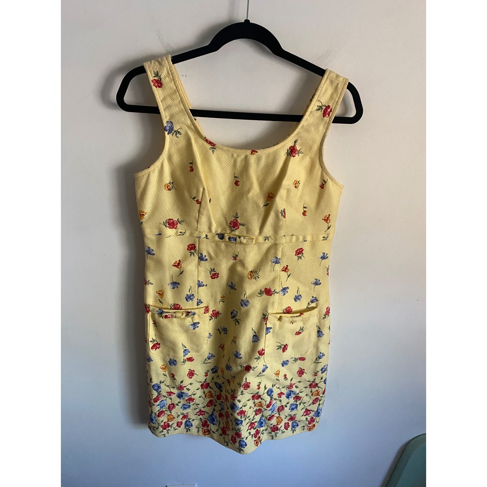 Rampage Vintage 90s Yellow Floral Pique Mini Dress Size 9 Sleeveless Bow Pockets