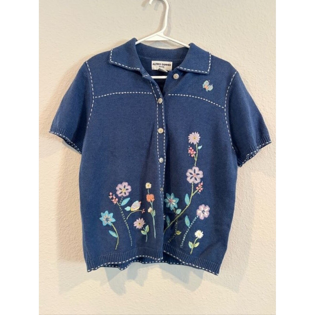 Alfred Dunner Vintage Womens Embroidered Floral Granny Short Sleeve Knit Sweater