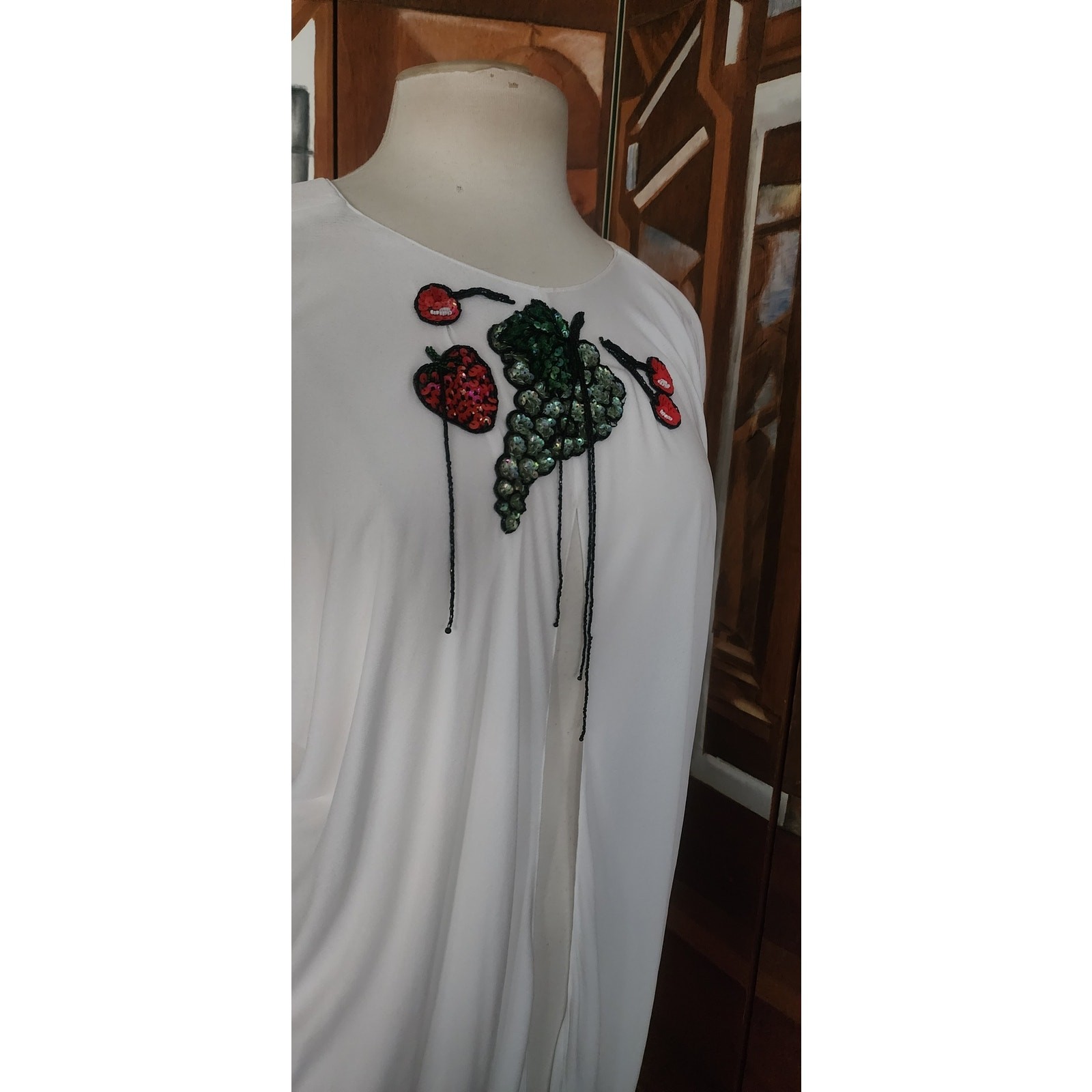Vintage 1980s Holly Harp Top or Tunic Silk Jersey Fruit Sequins Beaded Fringe