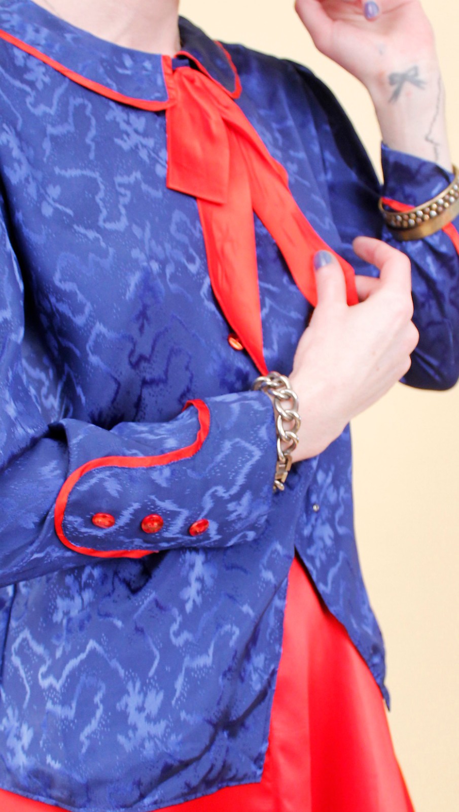 80s Vtg Blue Satin Sailor Moon Style Collar Blouse Shirt Button Up Nautical B34″
