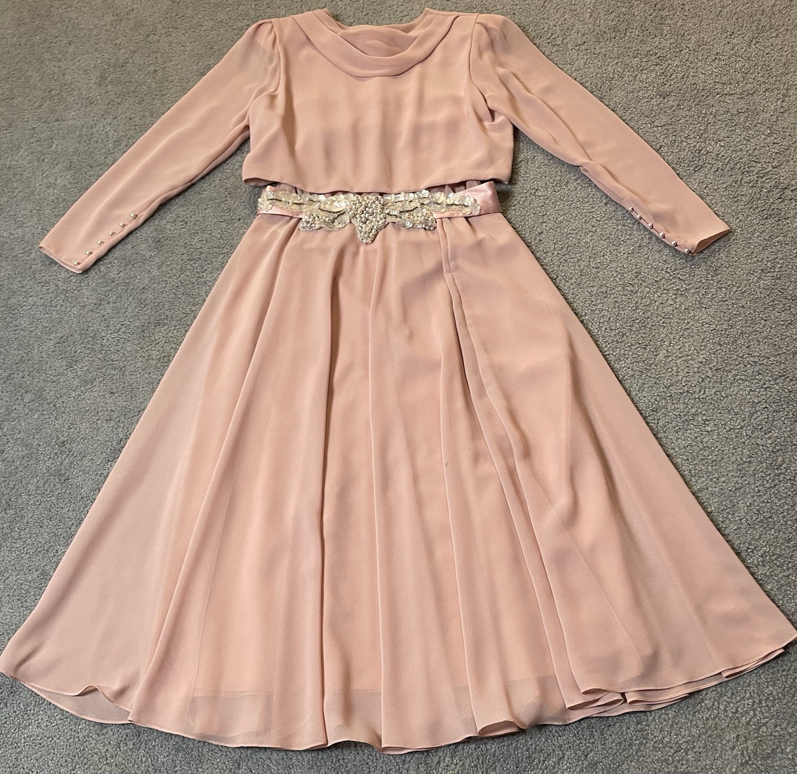 70s Cowl Neck Formal Evening Dress L Embellished Belt Faux Pearl Elegant Classic