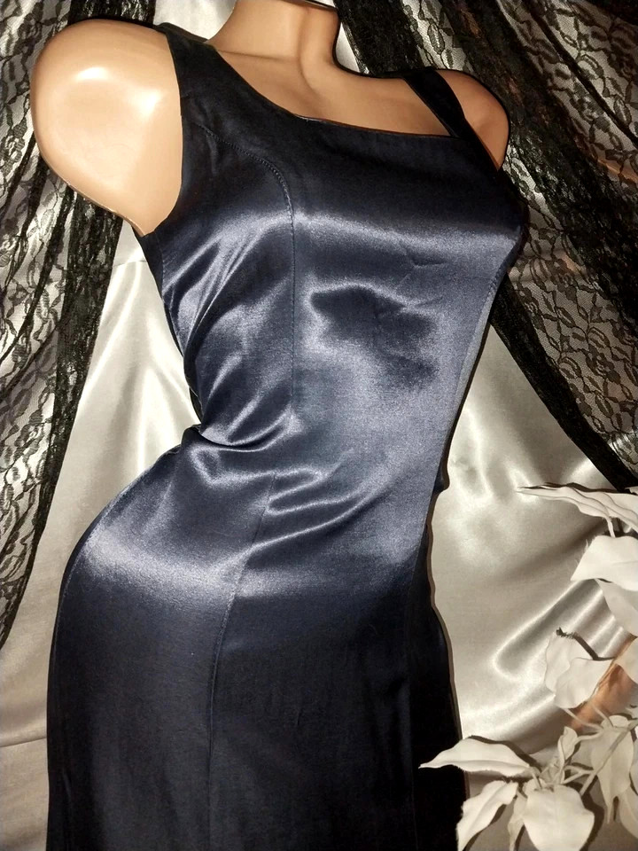 VTG SATIN SHINY RAYON DEEP BLUE SQUARE NECK MAXI DRESS JAZZ DECO CAGE BACK 5/6