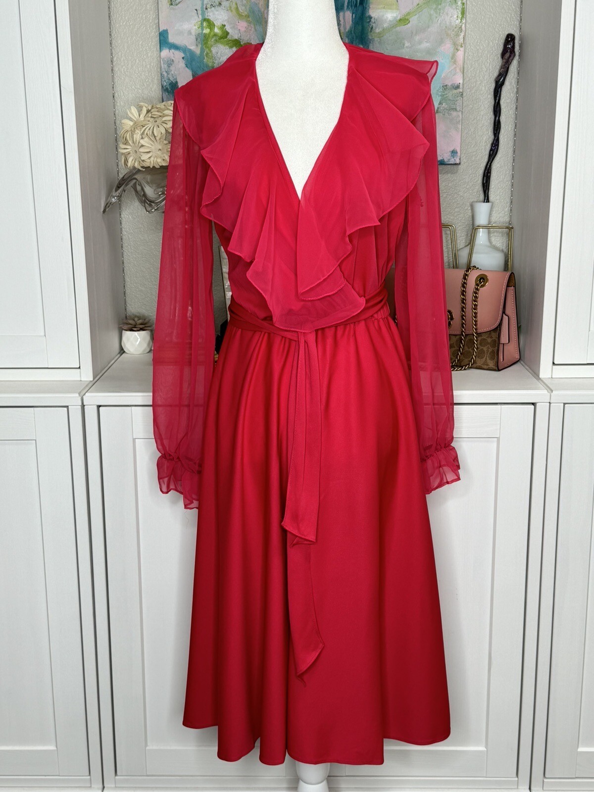 1970s Polyester Chiffon A-line Dress Raspberry Pink Union Made Size 10