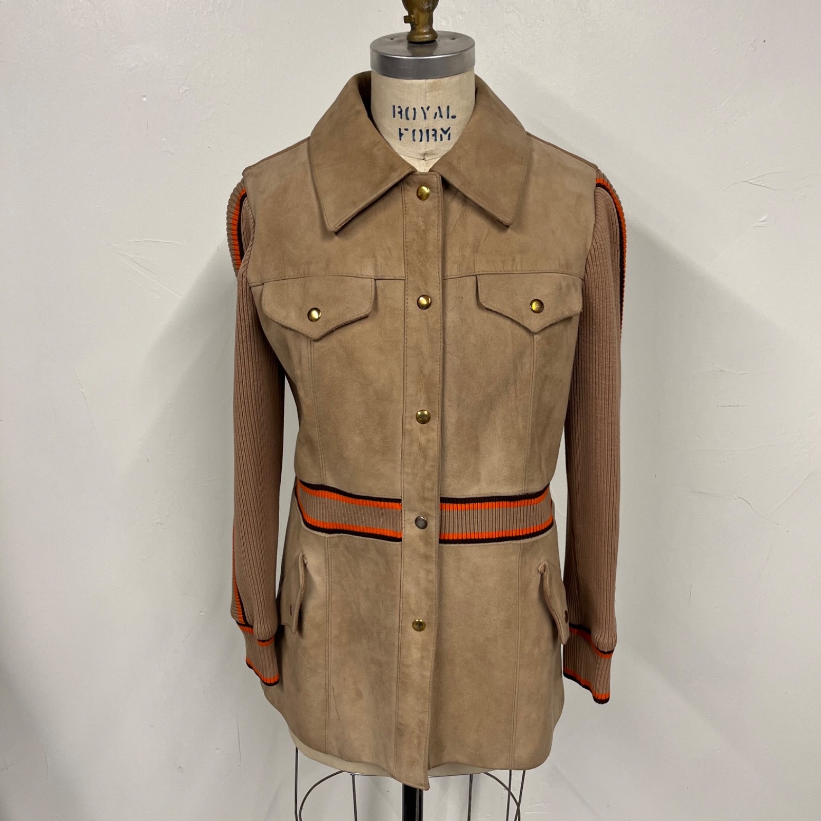 Vintage 1970s Penneys Suede Leather Car Coat Size 12 Brown Rib Knit Wool Medium